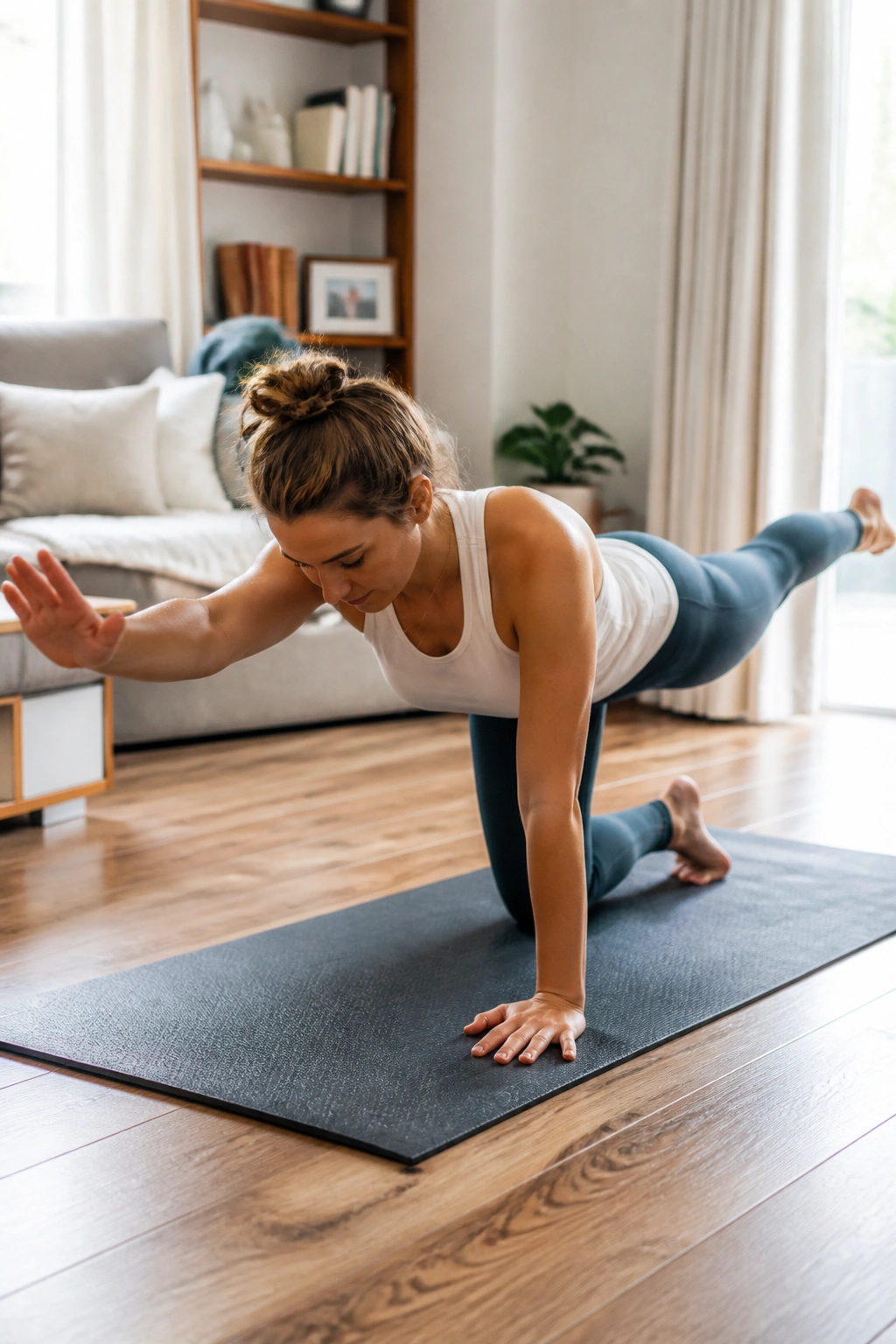 Real woman performing Bird Dog With a Pause on a yoga mat with hips square