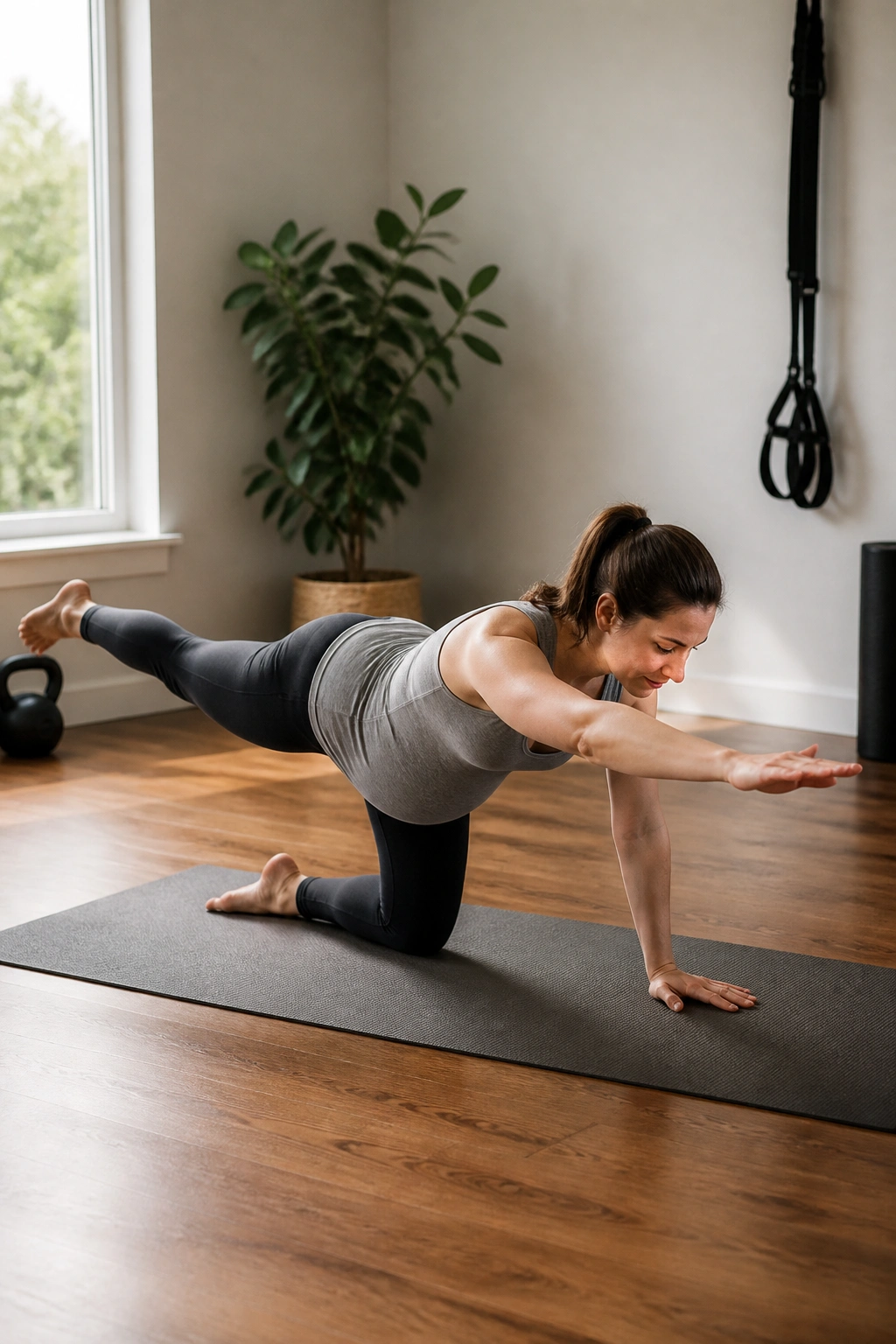 Side view of a person performing bird dog holds on a mat for core stability