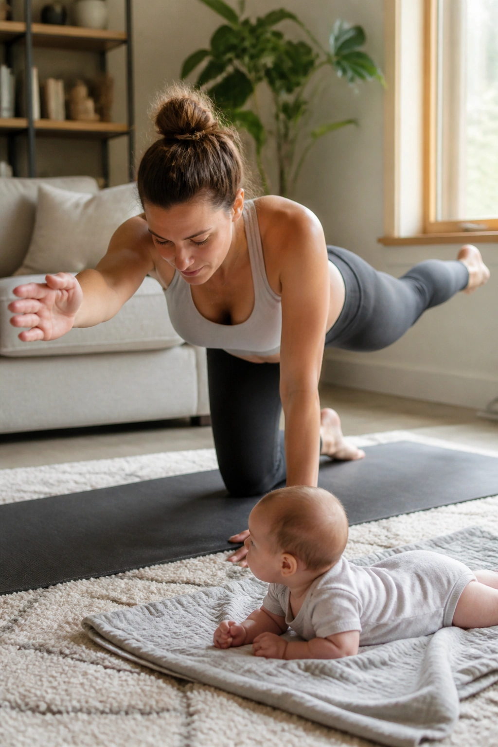 Postpartum mom performing Bird-Dog Reaches Beside Tummy Time with baby on blanket