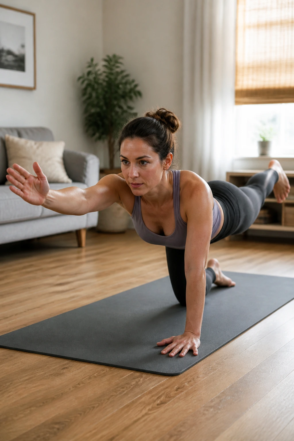 Person performing bird-dog reaches on a mat in a living room.