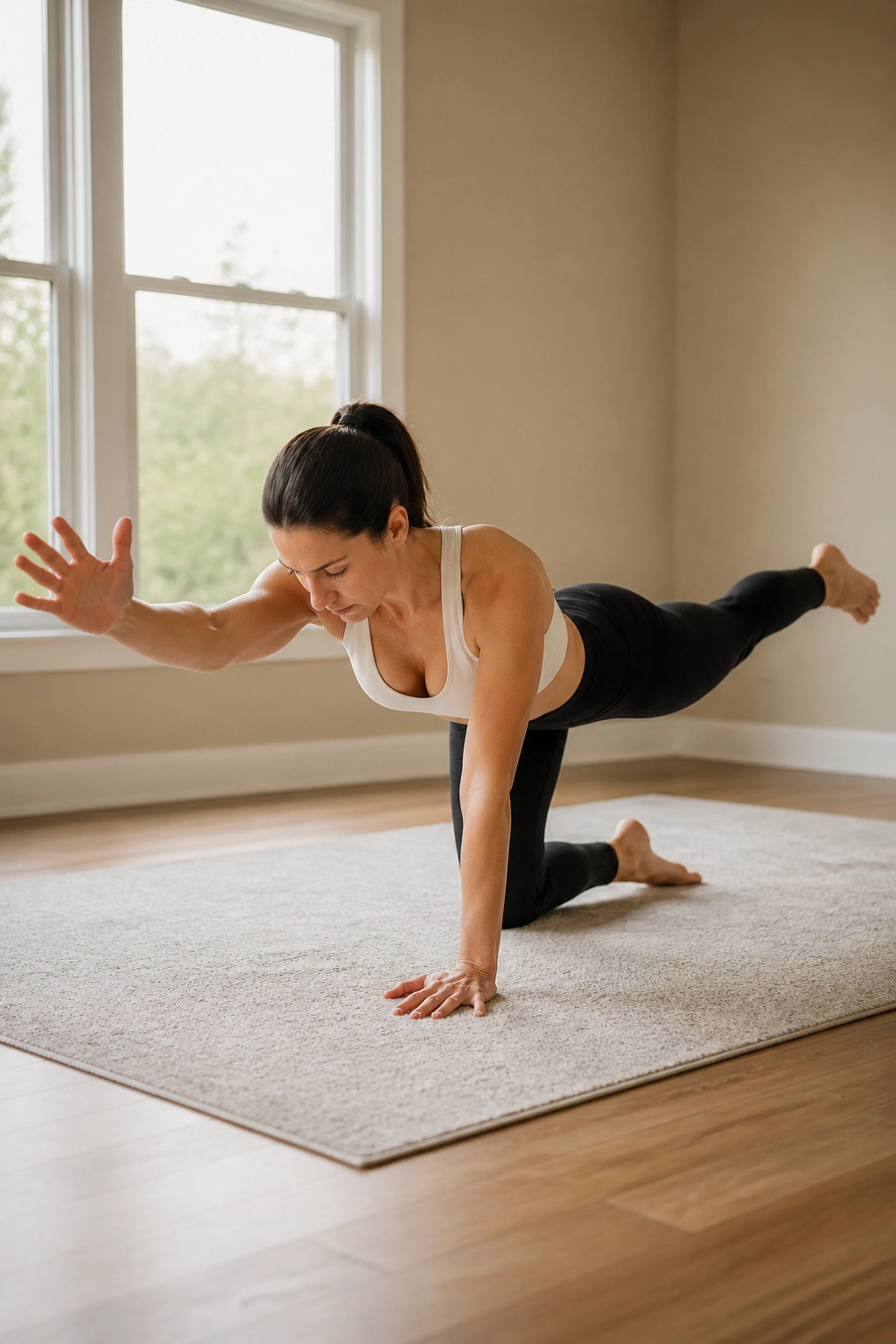 Bird dog exercise on hands and knees with extended arm and leg