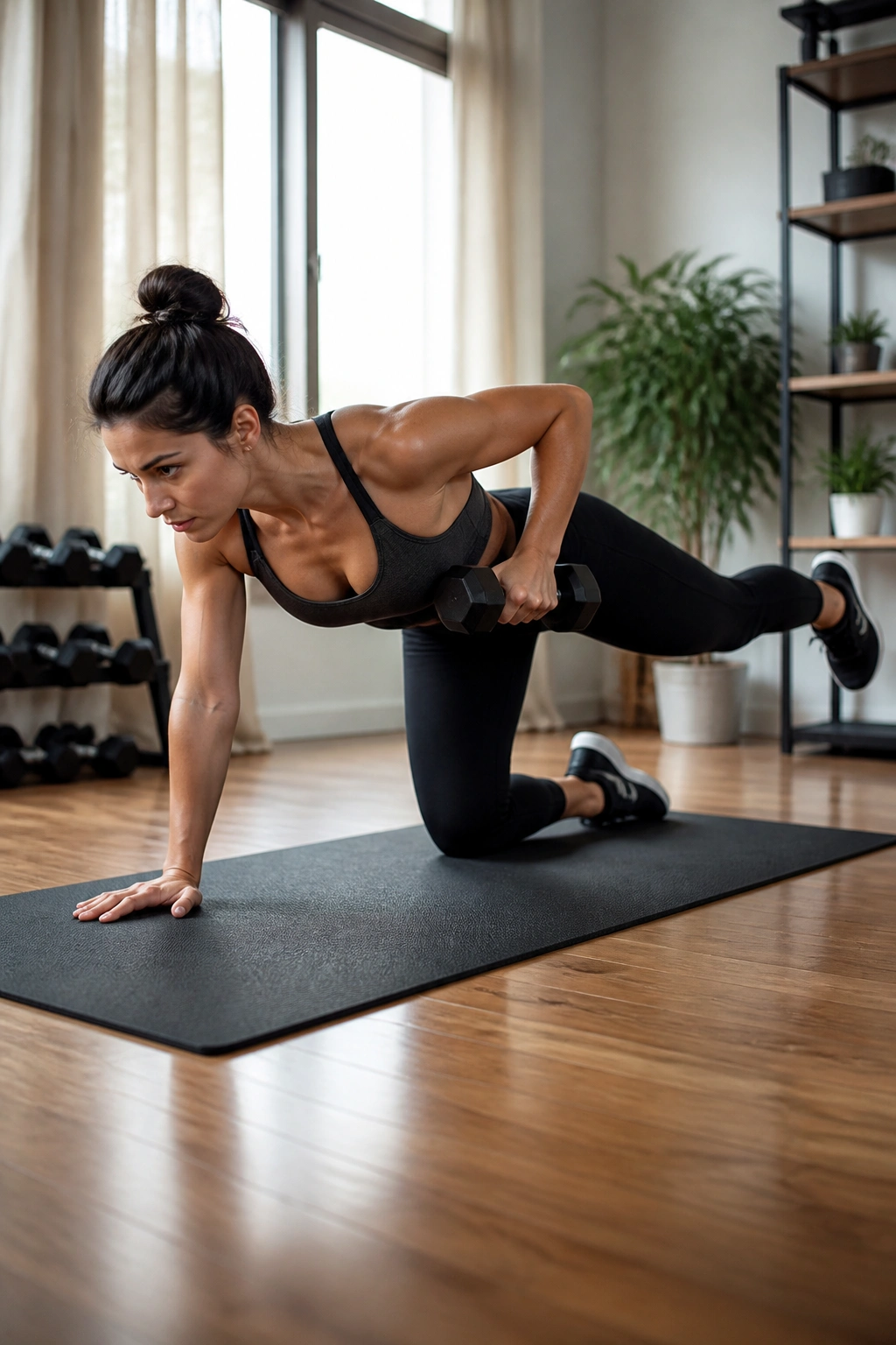 Real person performing bird dog row sequence on a mat with a dumbbell in the working hand