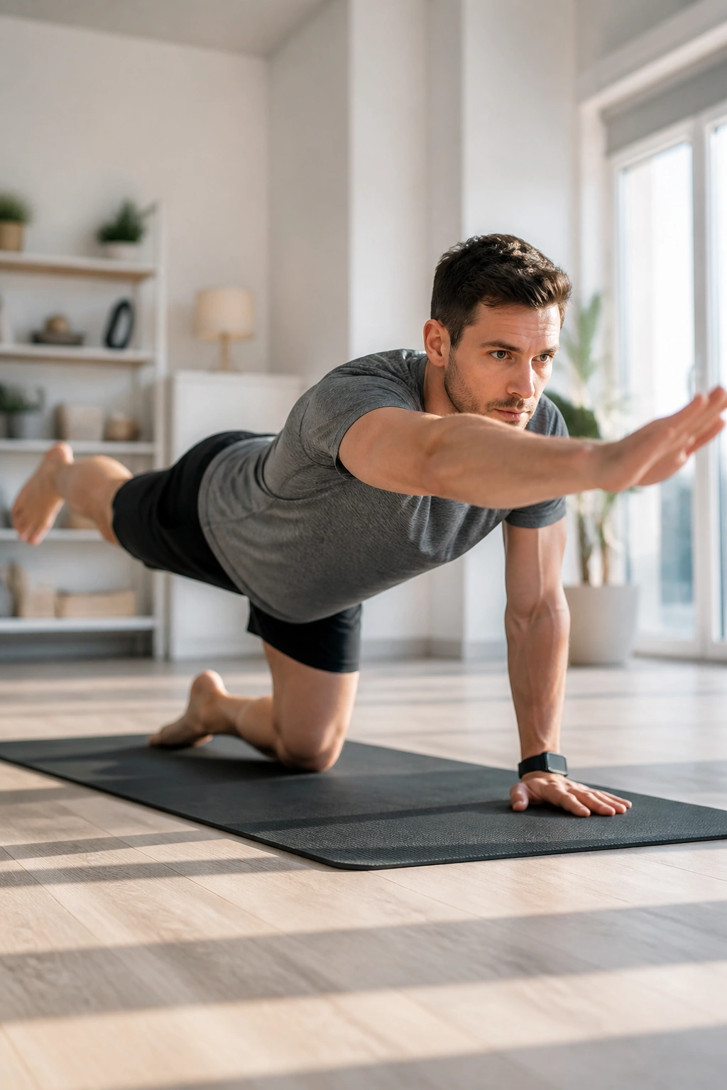 Medium close-up of a person performing Bird Dog on a mat with one arm forward and opposite leg back