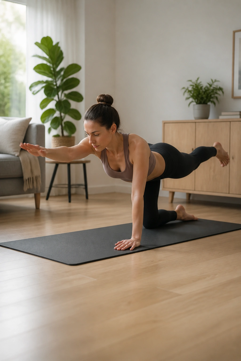 Person performing Bird Dog exercise on hands and knees