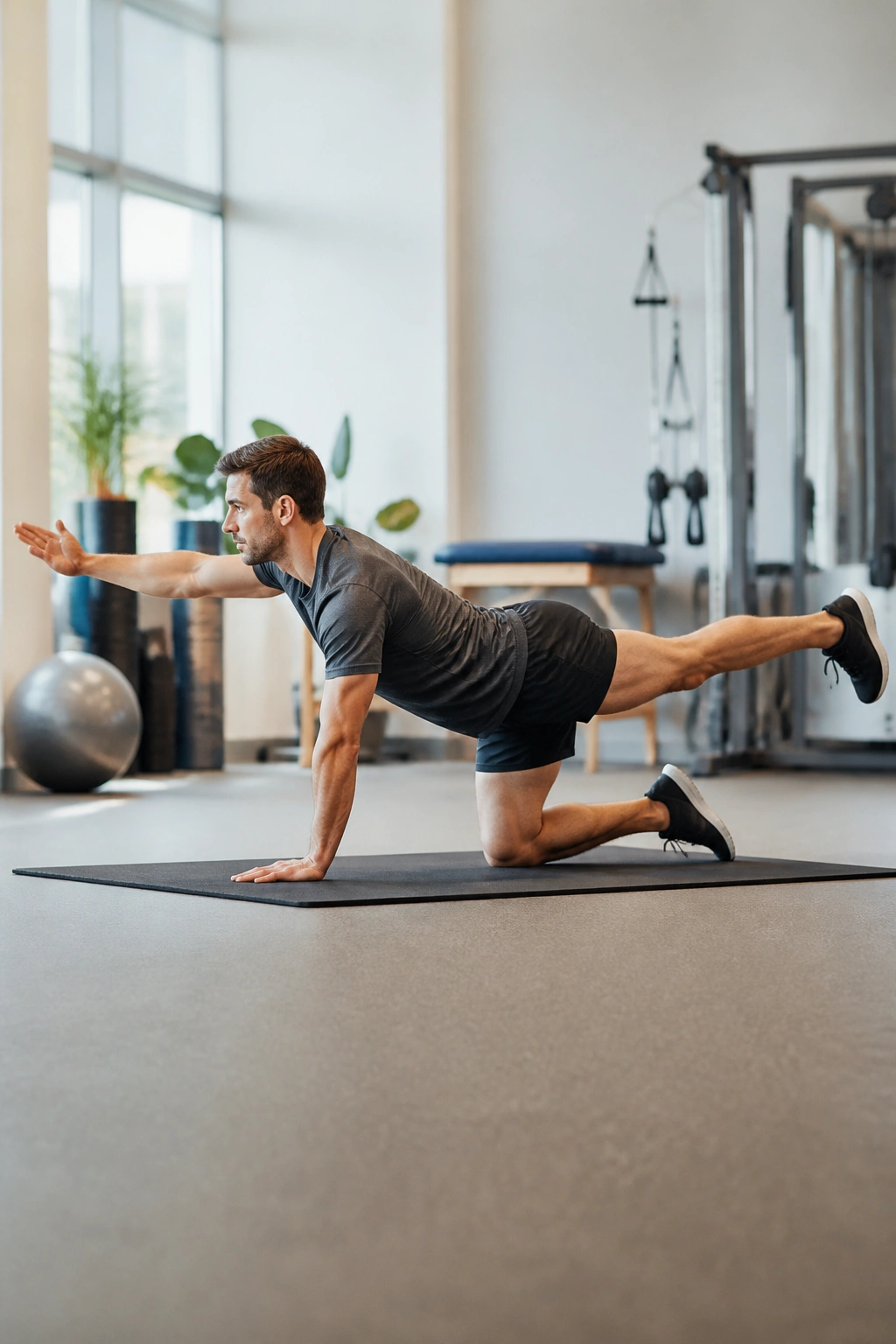 Person performing a bird dog on a mat with opposite arm and leg extended.