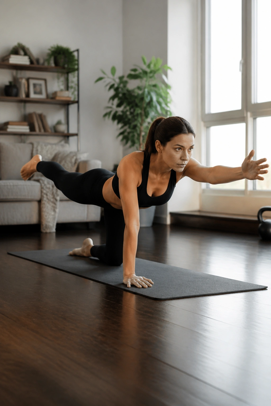 Bird dog exercise with extended arm and leg while maintaining a stable spine