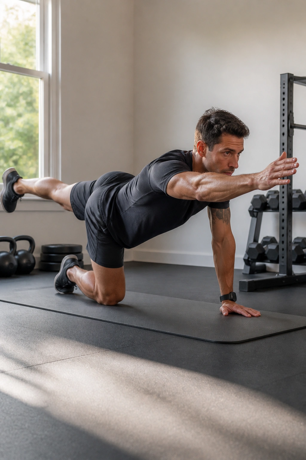 Person in bird-dog pose showing extended arm and leg with a stable pelvis