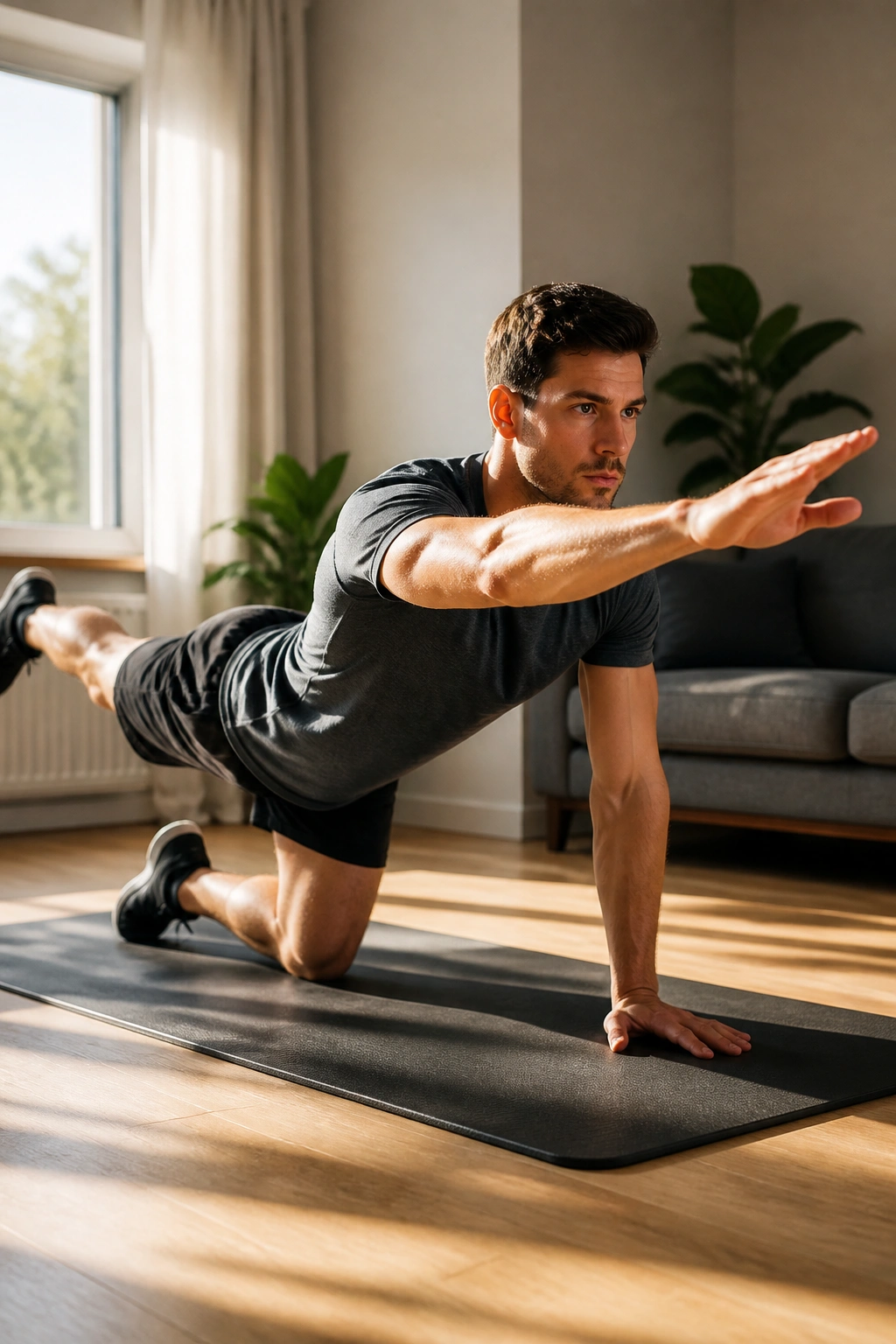 Close-up of a person performing Bird-Dogs on a mat, arm and leg extended to balance core