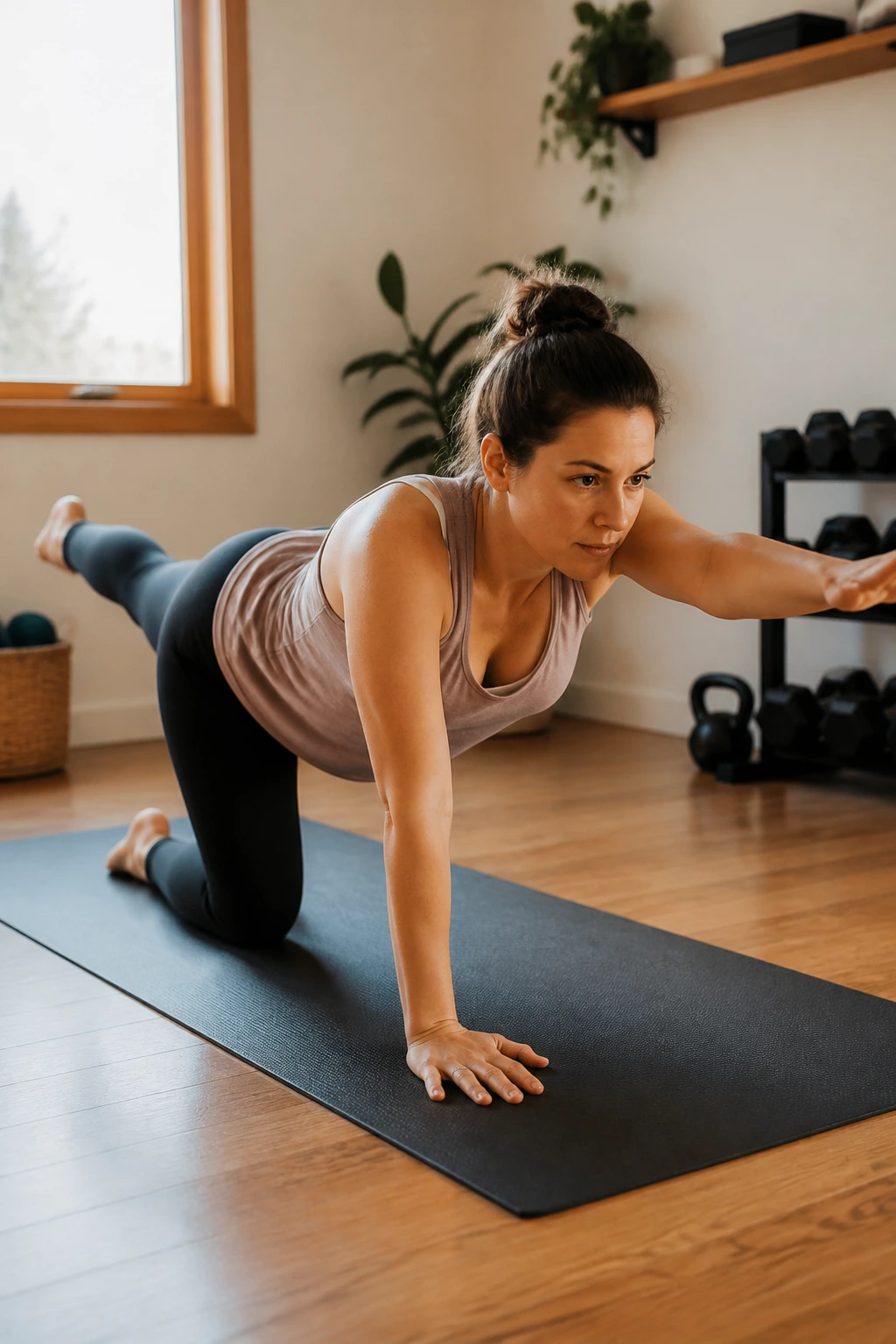 Close-up of a real mom performing Bird Dogs on hands and knees in a cozy home gym