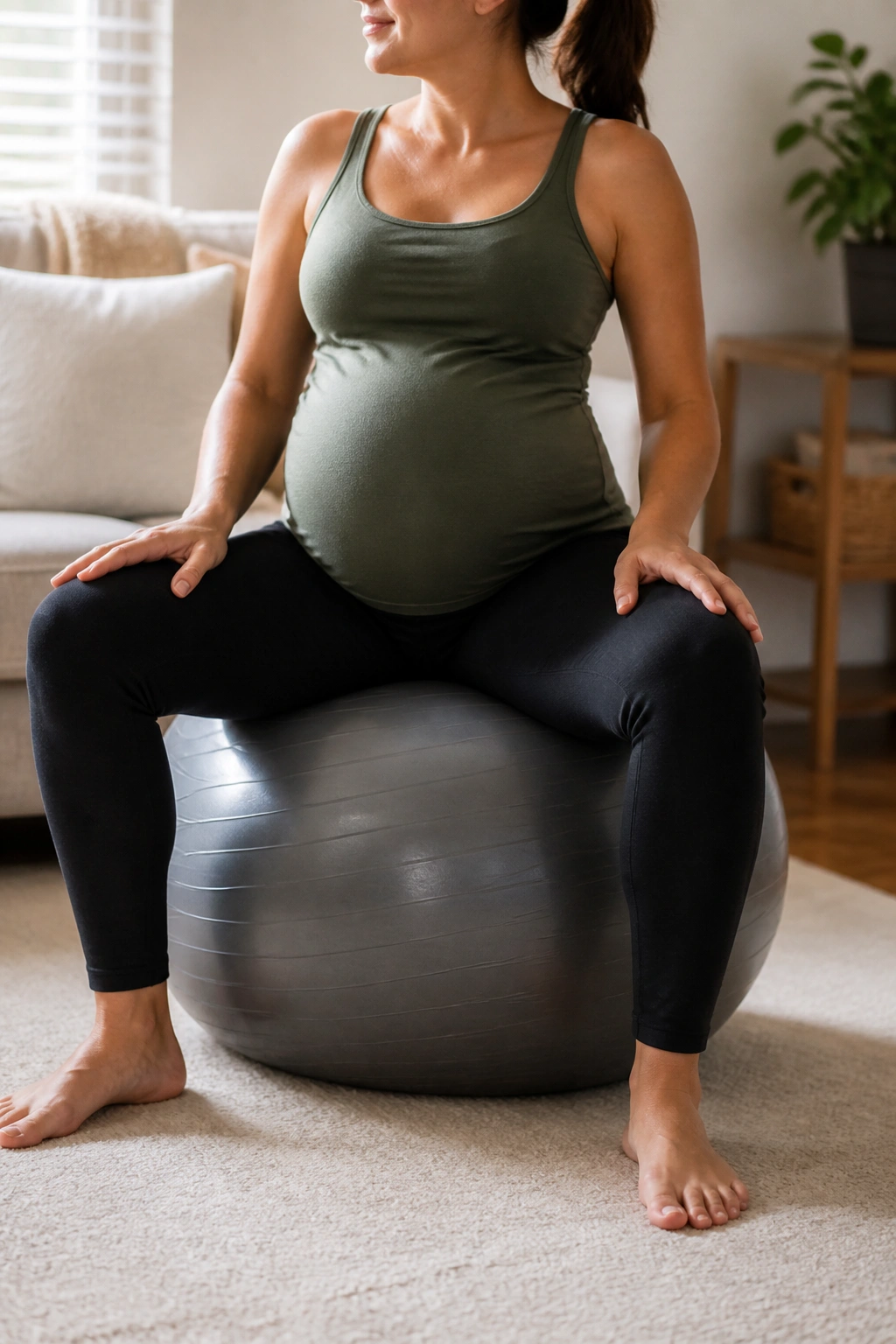 Pregnant woman seated on birth ball performing hip circles in a cozy living room.