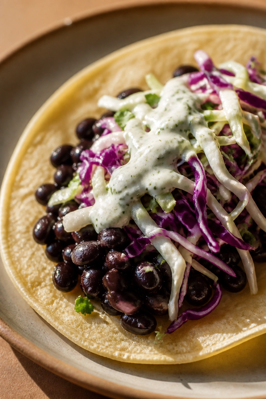 Close-up of black bean taco with cabbage and yogurt-lime sauce