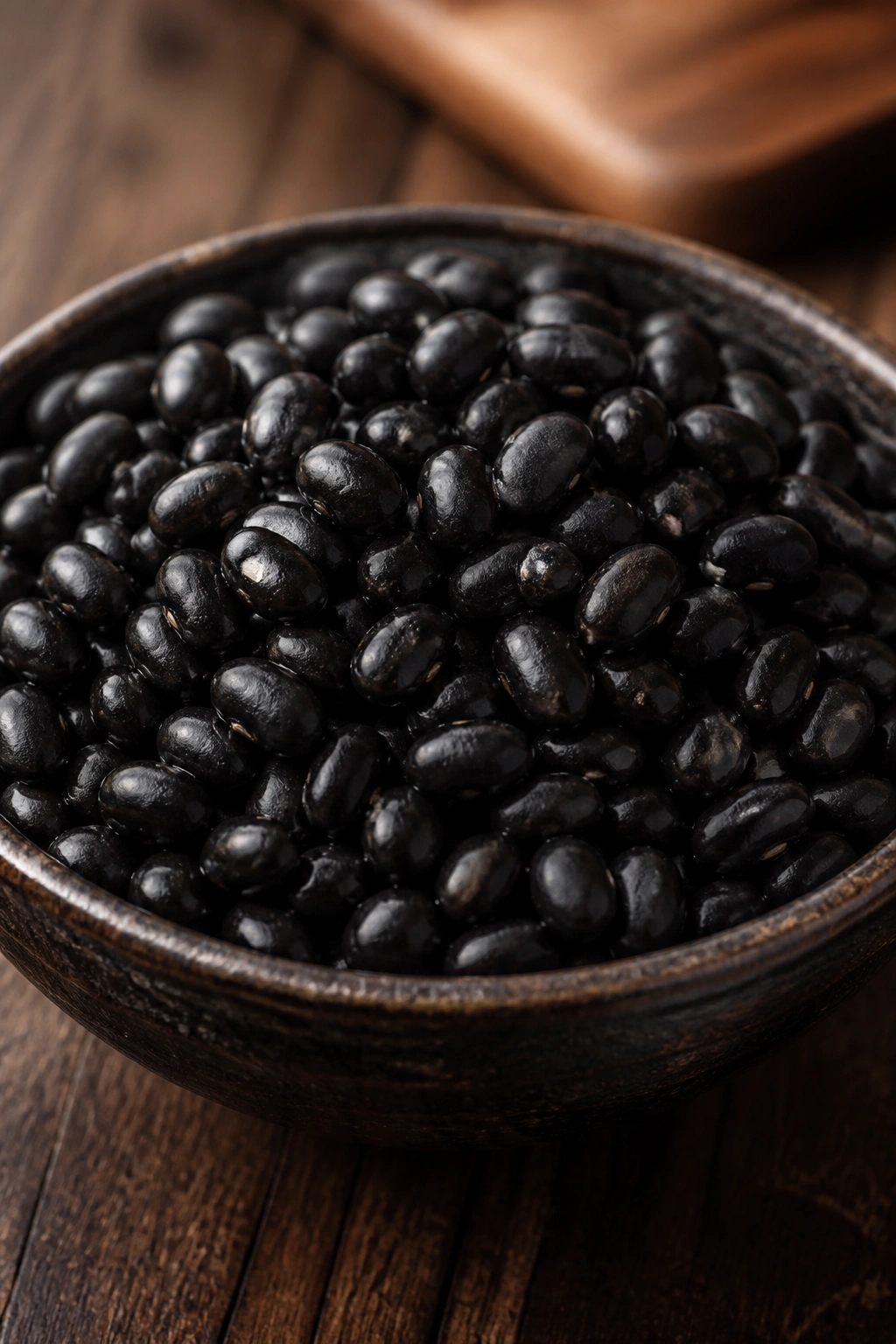 Glossy black beans in a dark dish