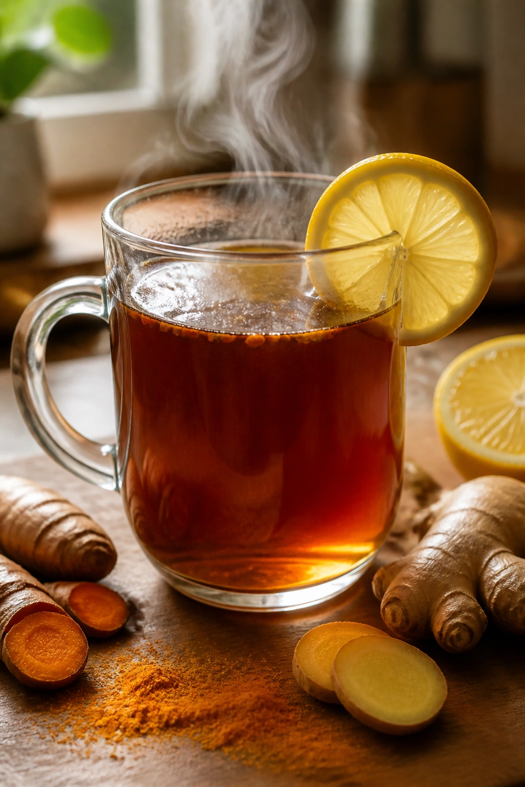 Dark amber black tea brew with lemon slice on rim