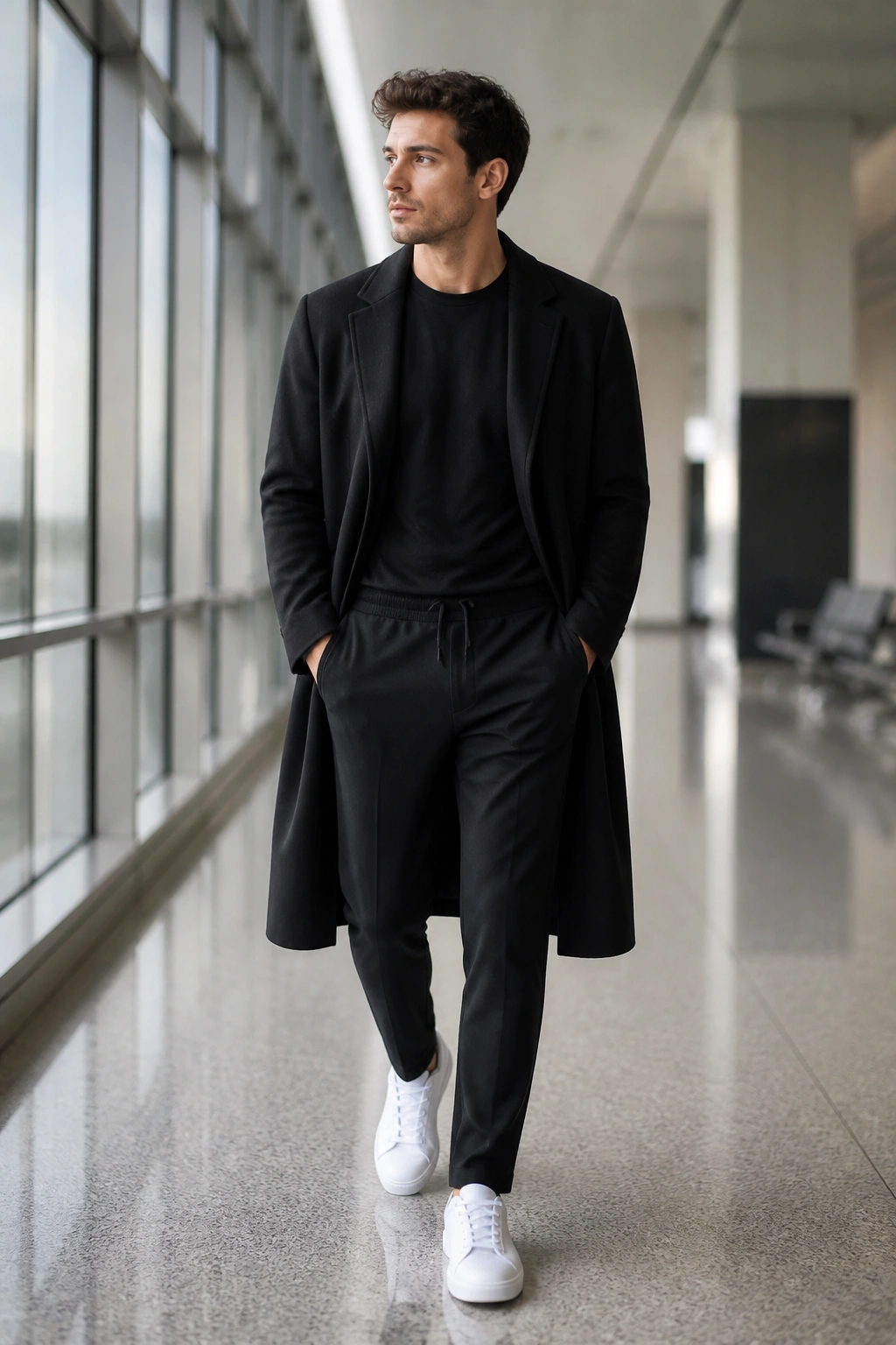 Real person in black tee, tapered pants, long coat and clean sneakers in an airport