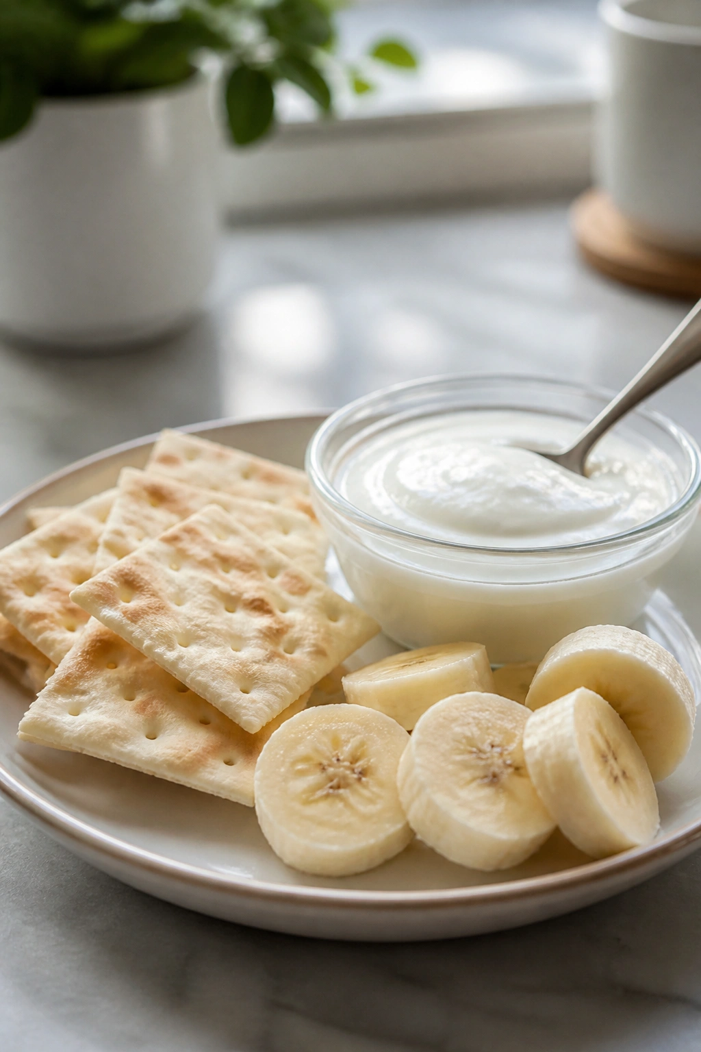 Close-up of a bland nausea-friendly plate with crackers, yogurt, and banana