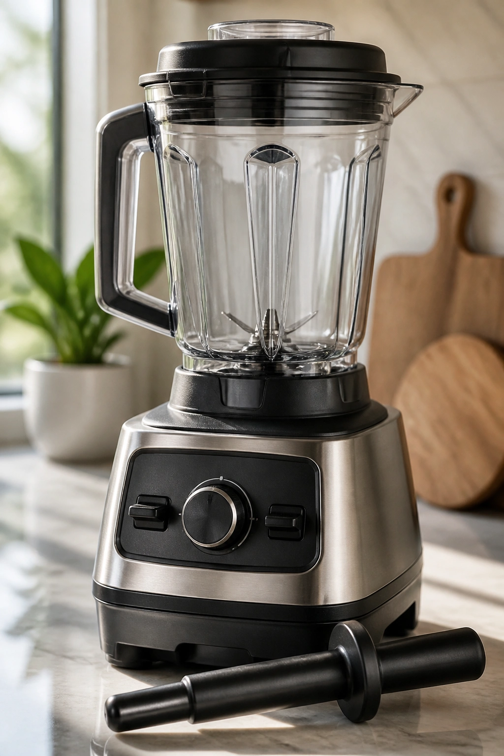 Close-up of a high-speed blender on a kitchen counter with warm light.