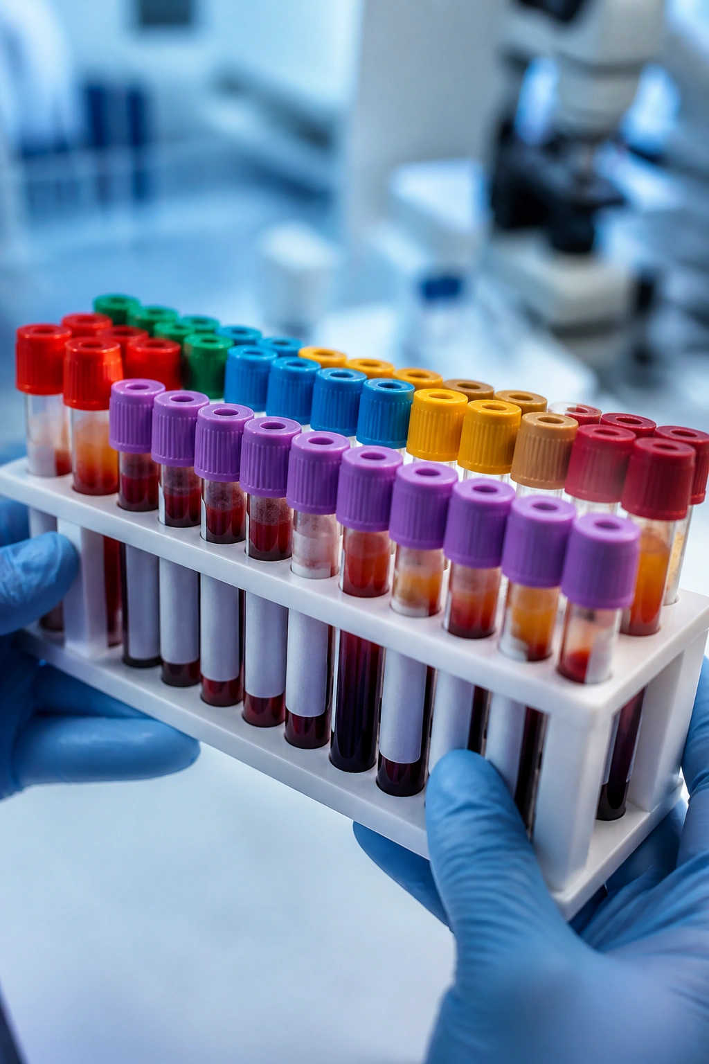 Gloved hands with blood sample tubes in a clinical lab