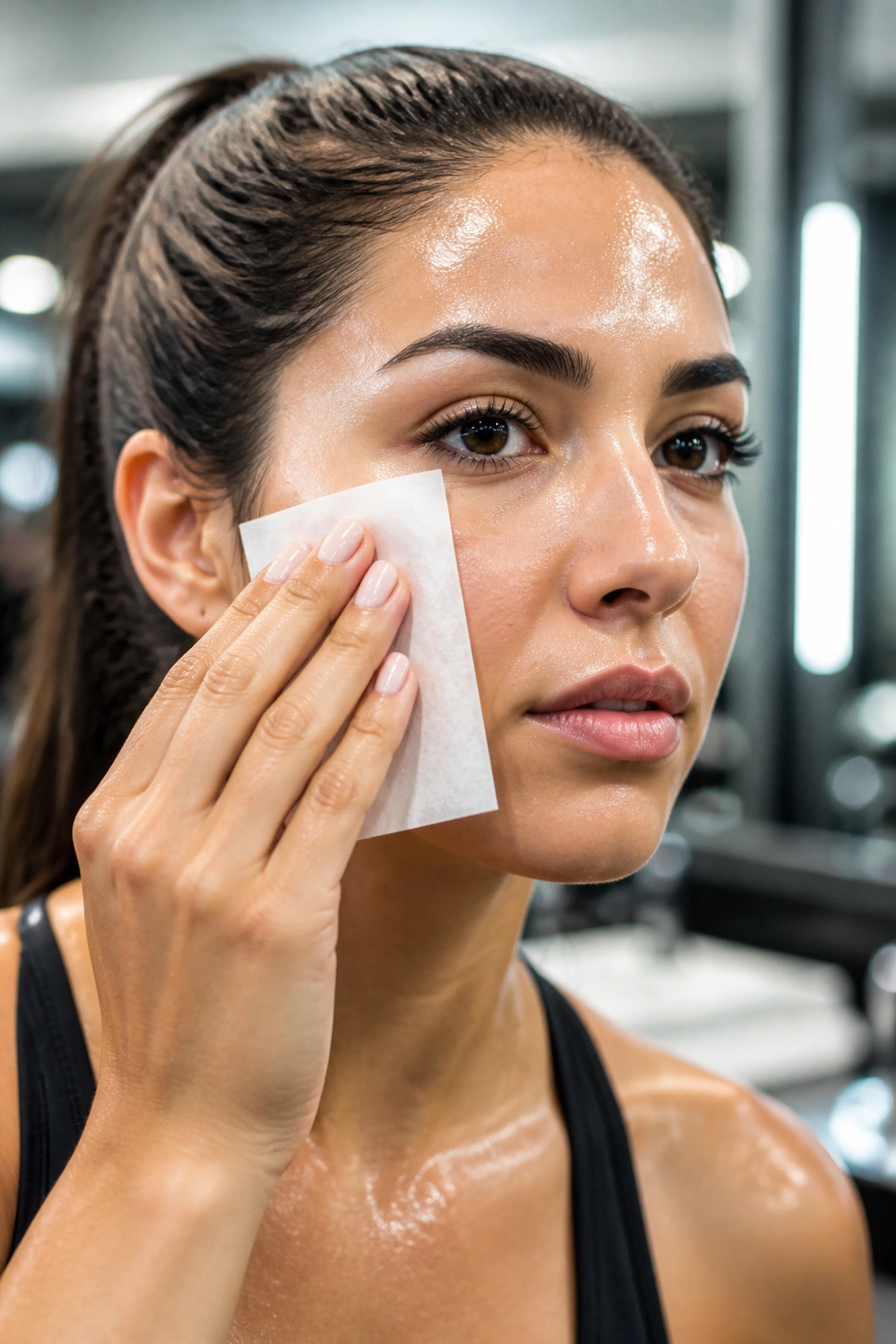 Close-up of blotting papers pressed to a sweaty cheek after a workout