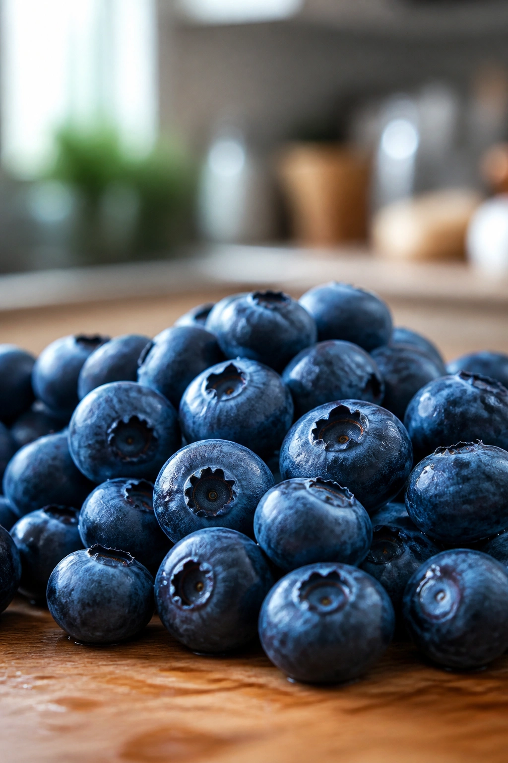 Close-up of blueberries filling the frame on a wooden surface