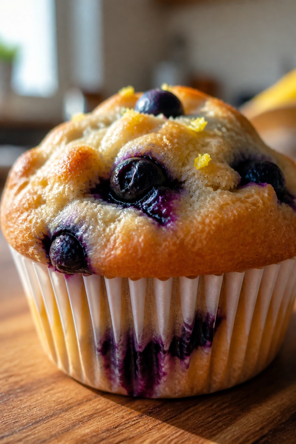 Close-up of a blueberry lemon protein muffin on a wooden counter with visible blueberries