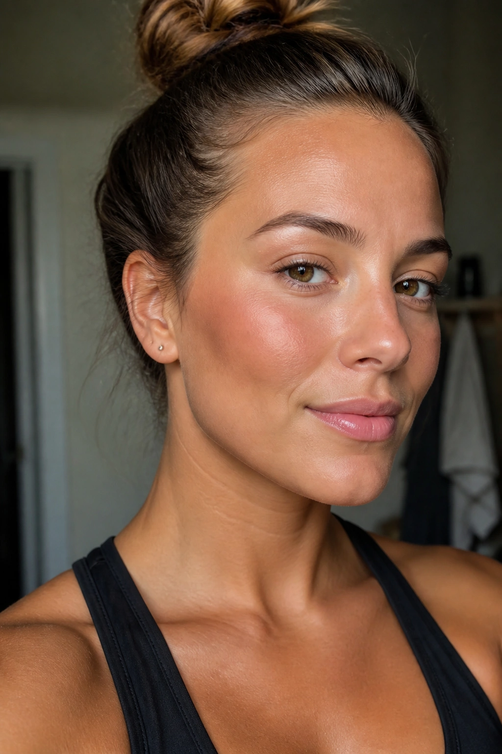 Close-up of cheeks with peach cream blush and bronzer in natural gym lighting