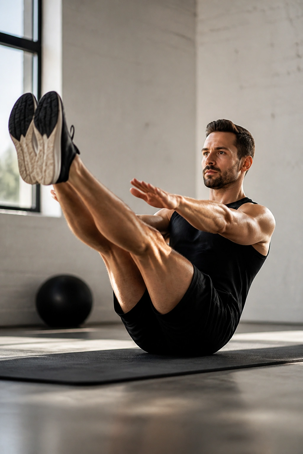 Close-up of a person performing boat pose / V-ups focusing on abs and core