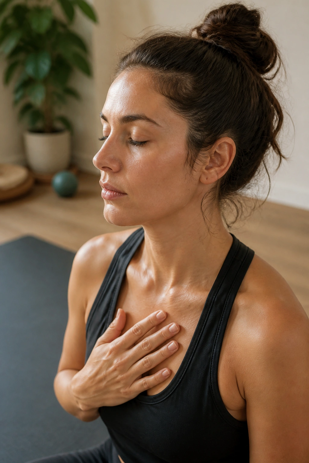 Person in a reflective moment after barre workout listening to body signals.