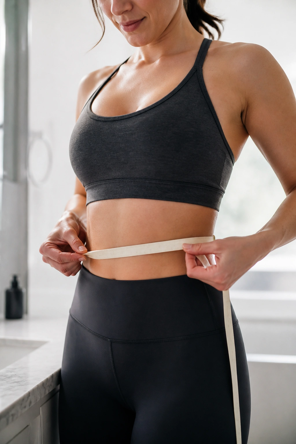 Person measuring waist with a tape measure, numbers not visible, in bright room