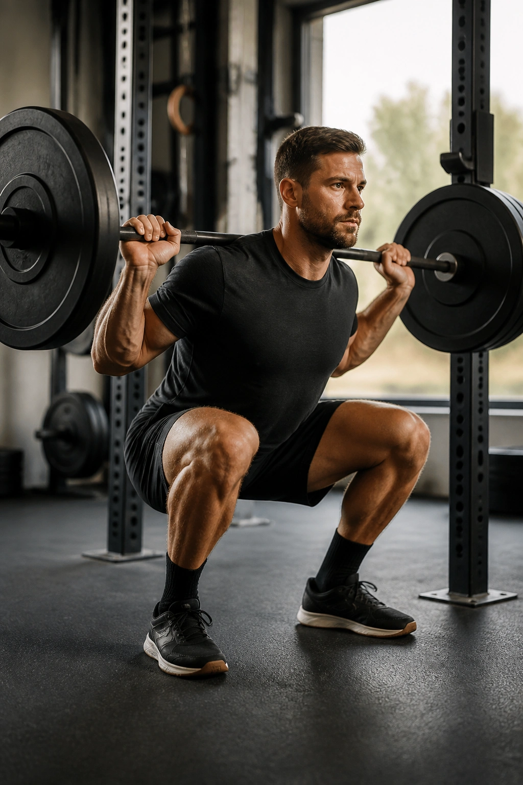 Medium close-up of person performing barbell squat for body recomposition plan