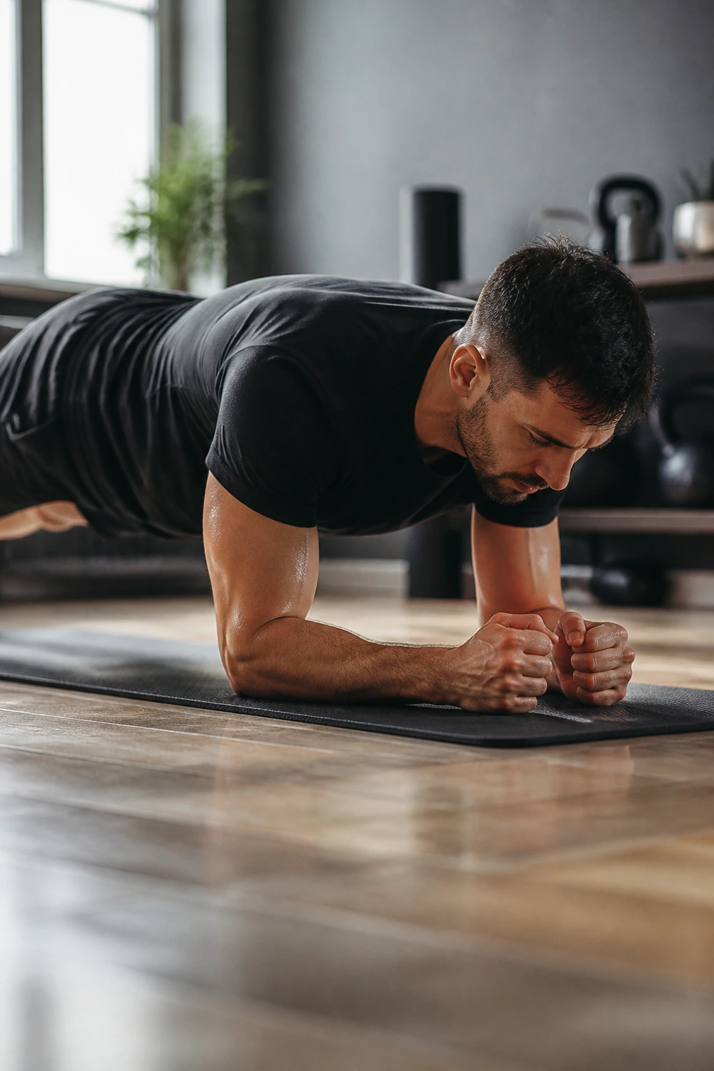 Medium close-up of a person in forearm plank performing a body saw with slight forward-back motion