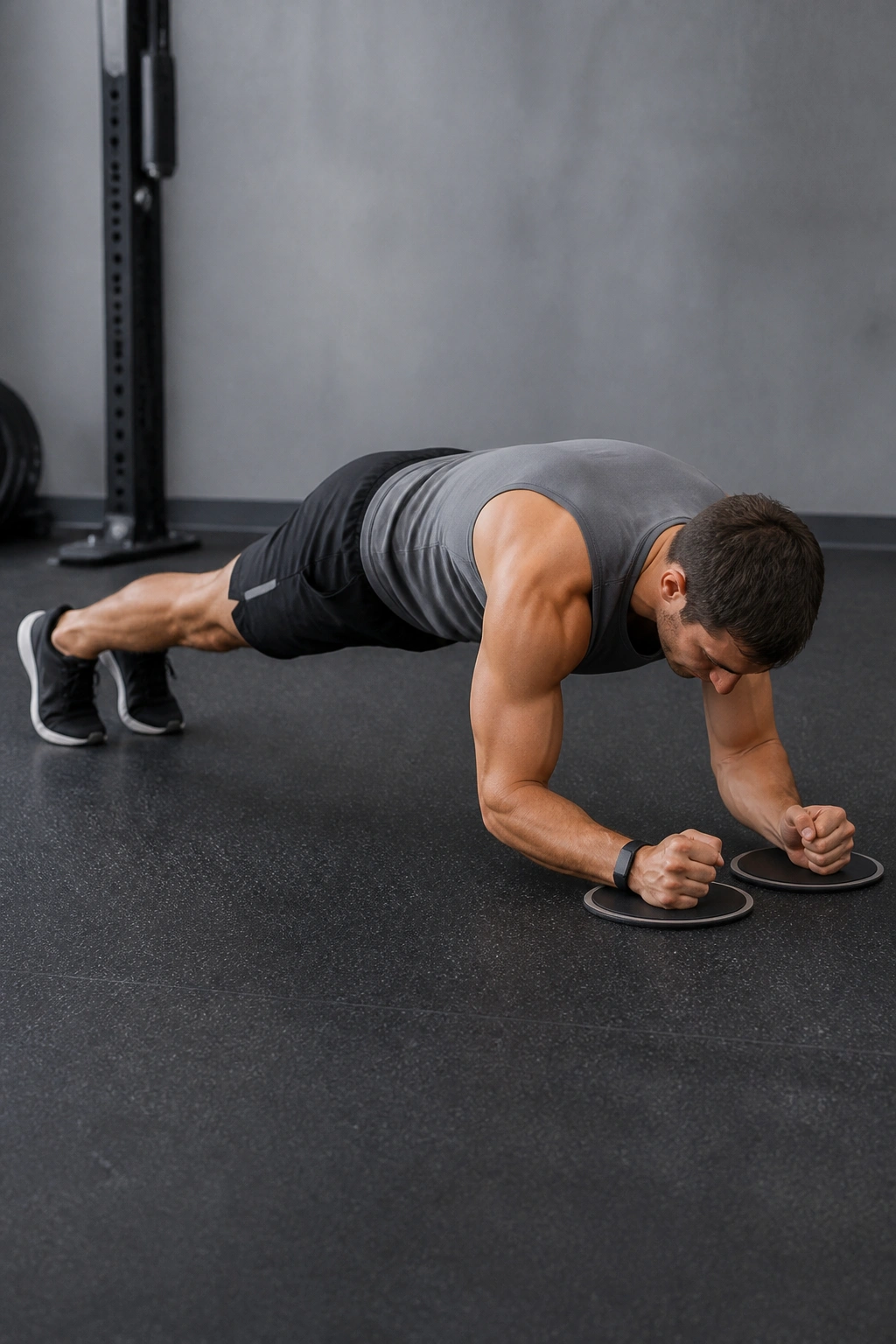 Person performing body saw on forearms with sliders in a gym