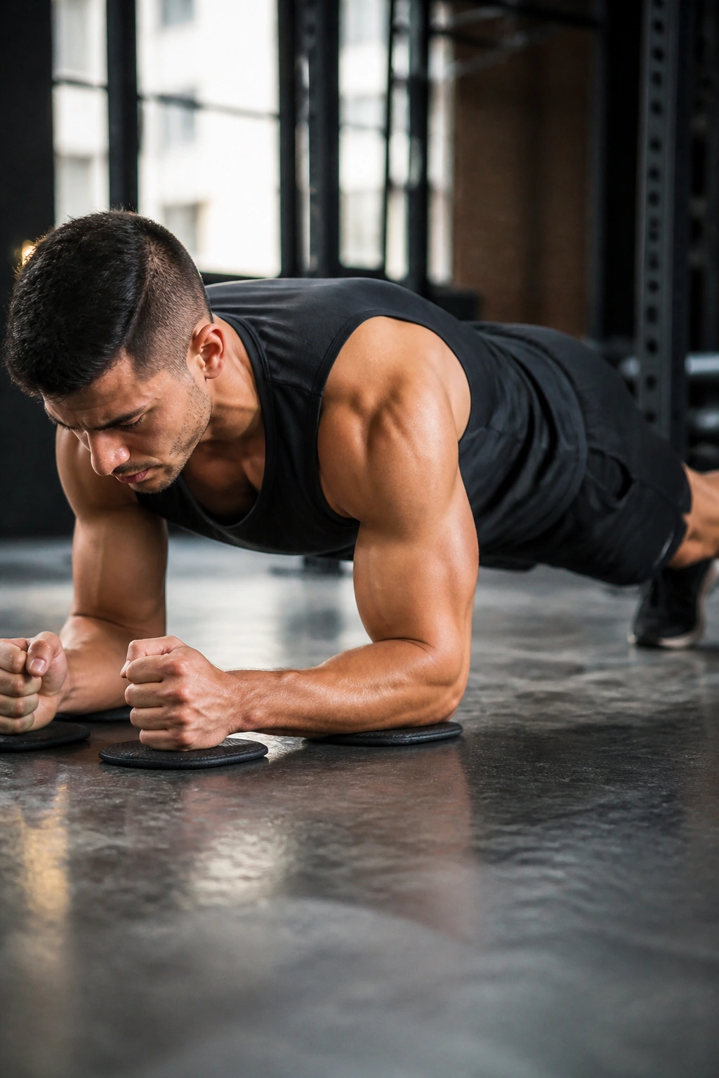 Forearm plank with body saw movement on sliders, hips sliding while maintaining a braced core