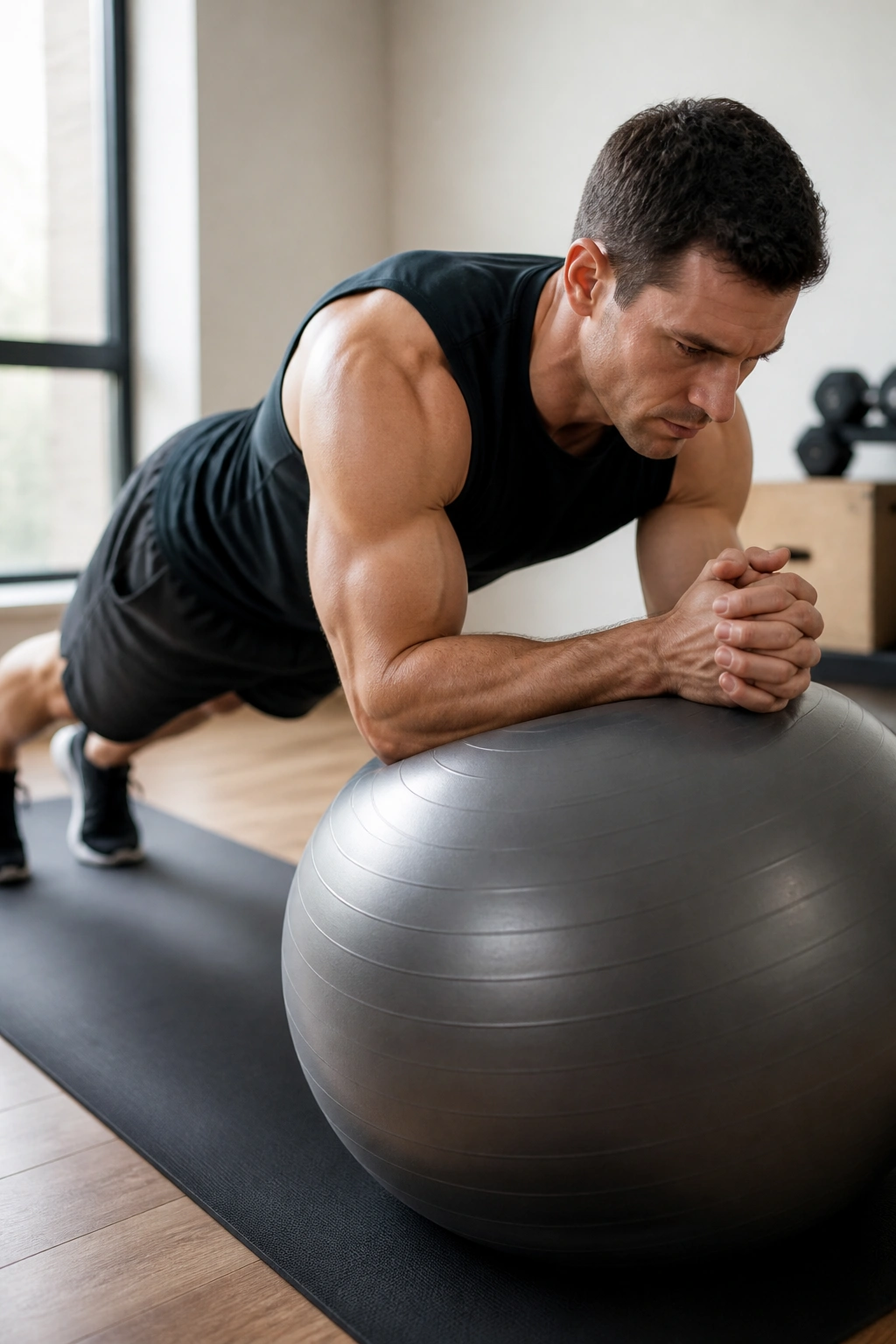 Forearms on stability ball during body saw with braced core.