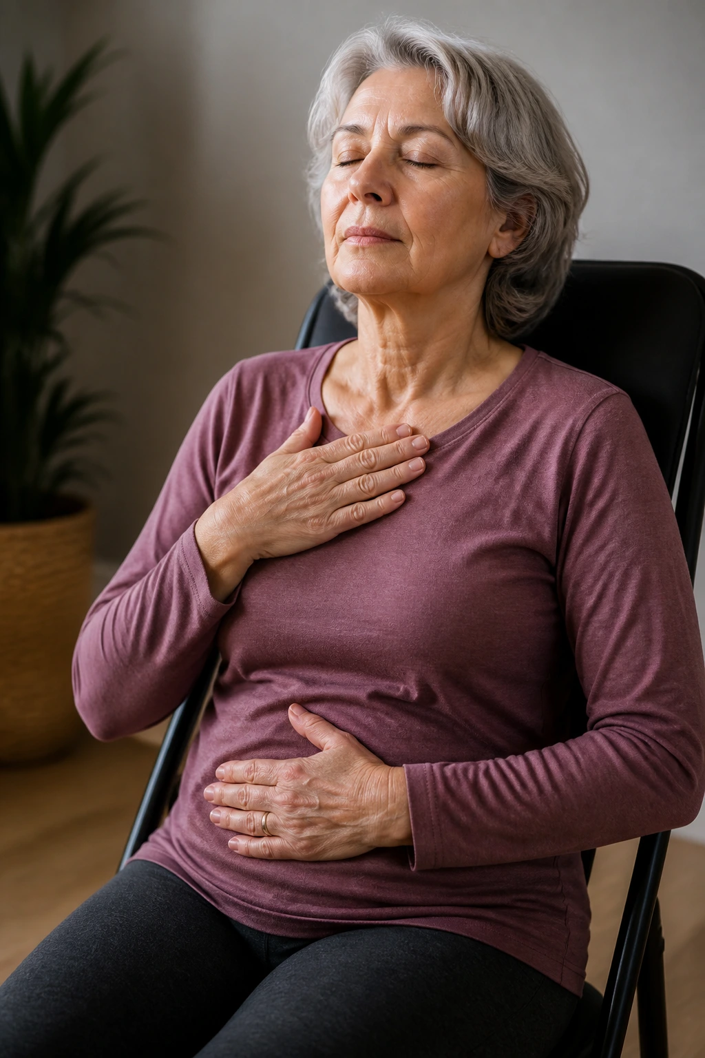 Real person in chair practicing body scan breathing with hands on chest and belly