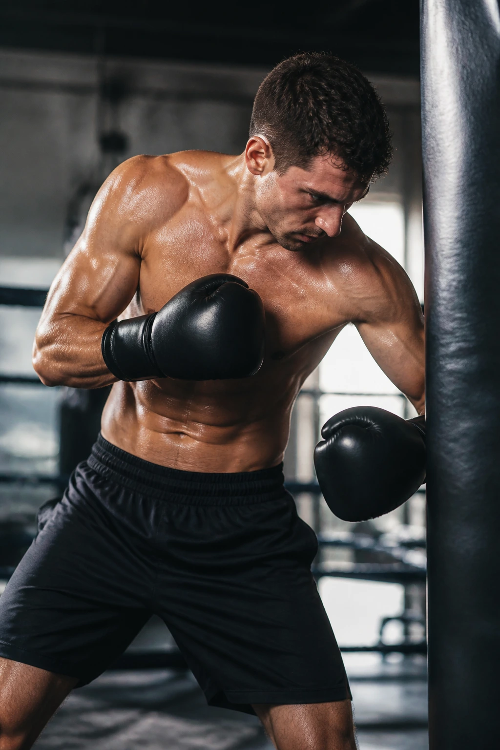 Boxer delivering a body shot with hips rotation during shadowboxing