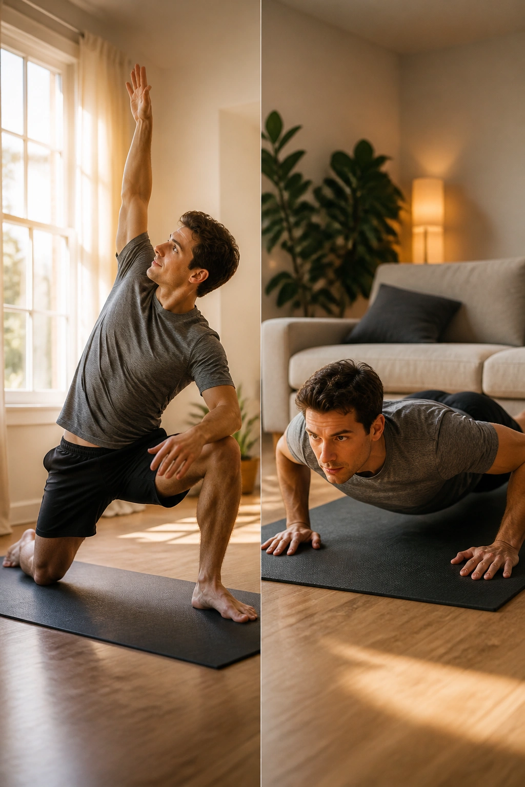 Person performing morning mobility and evening push-ups in a sunlit room.