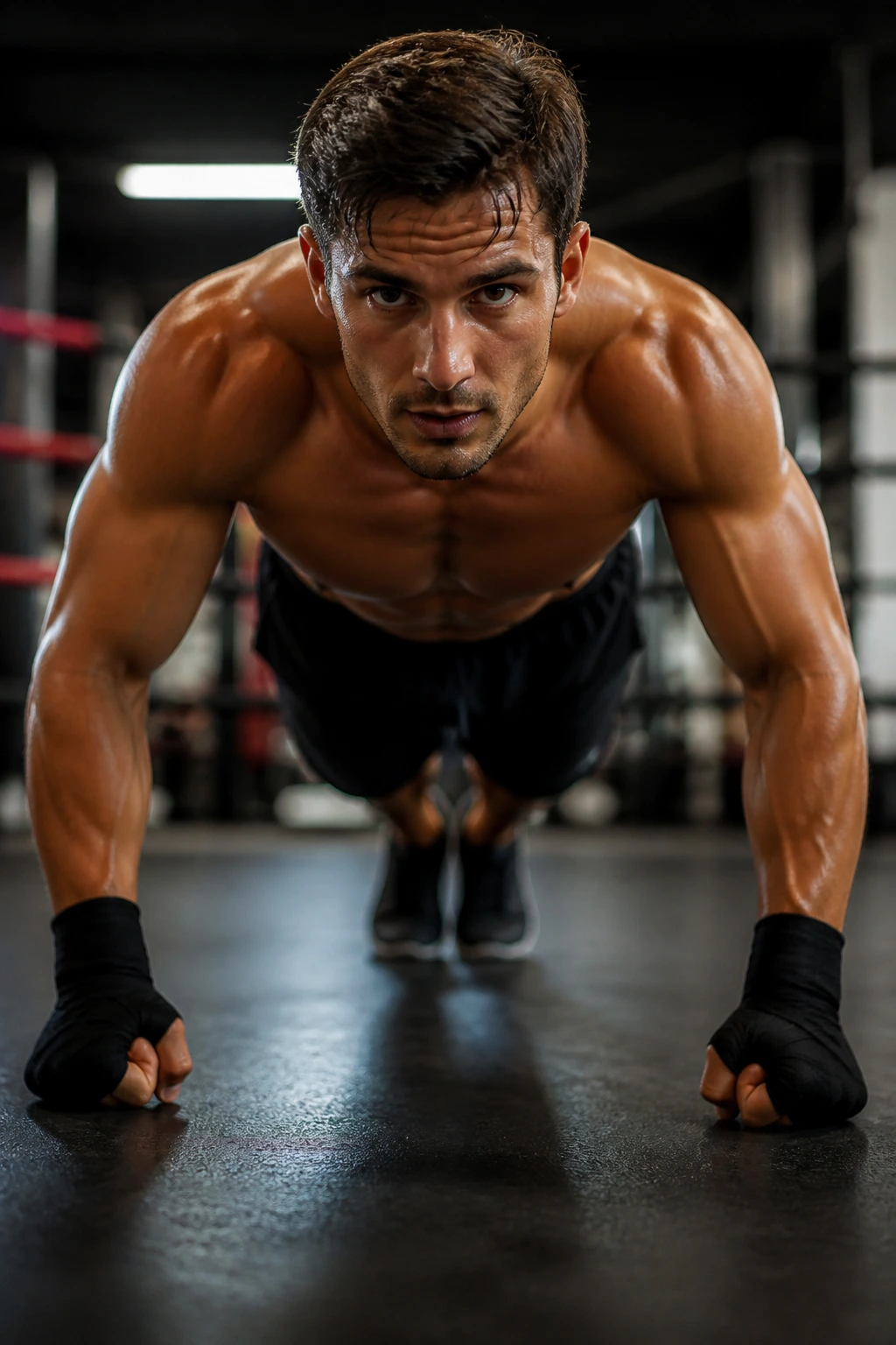 Athlete performing a bodyweight push-up in a gym