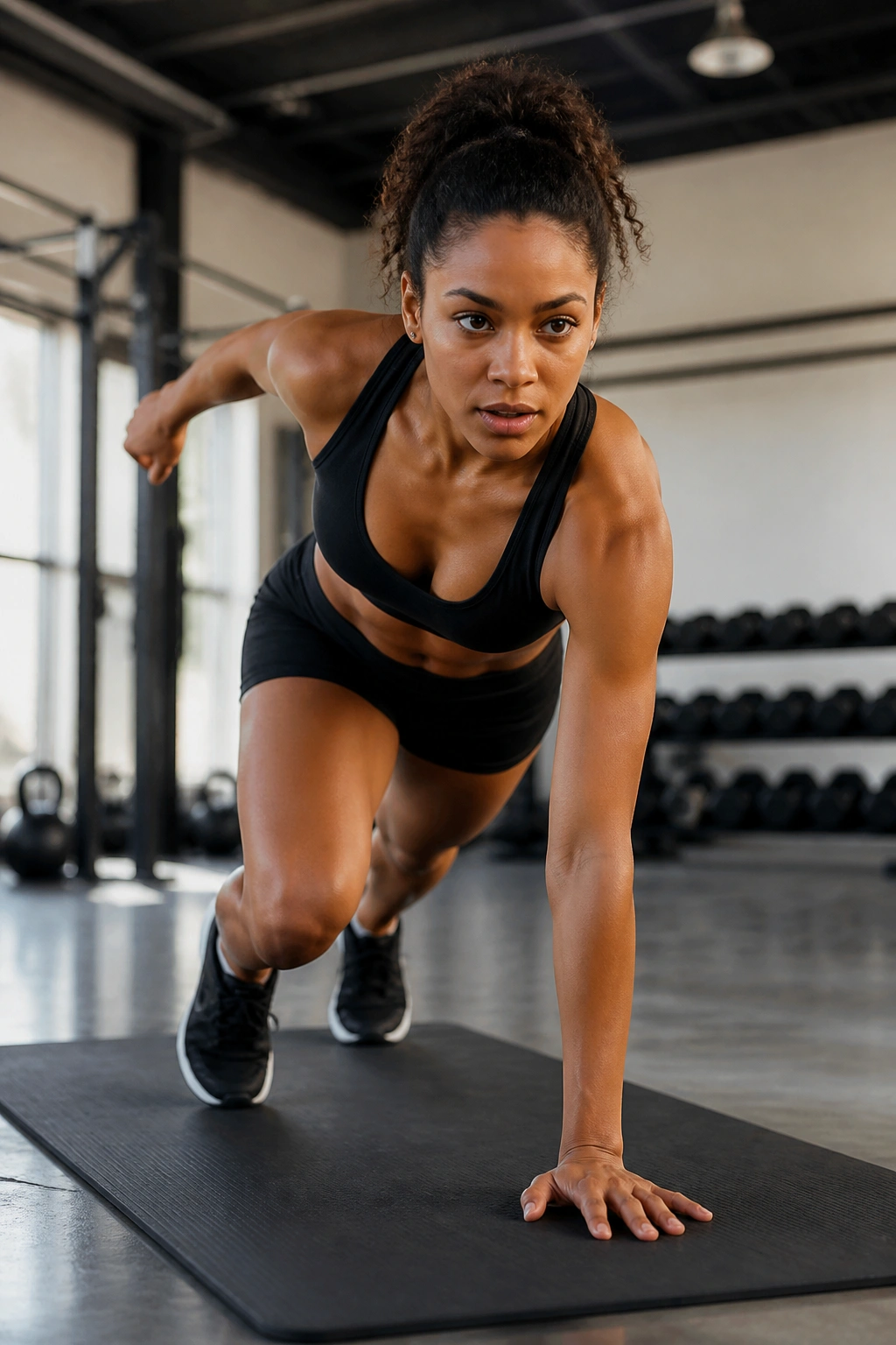Athlete performing a high-intensity bodyweight exercise on a gym mat