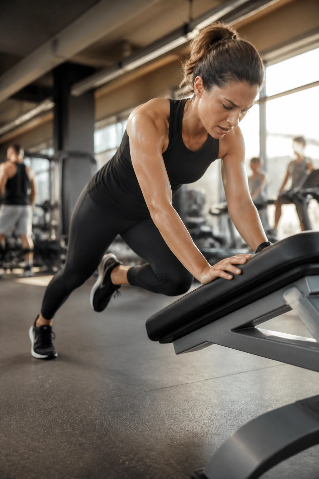 Real person performing mountain climbers on an incline bench in a gym.