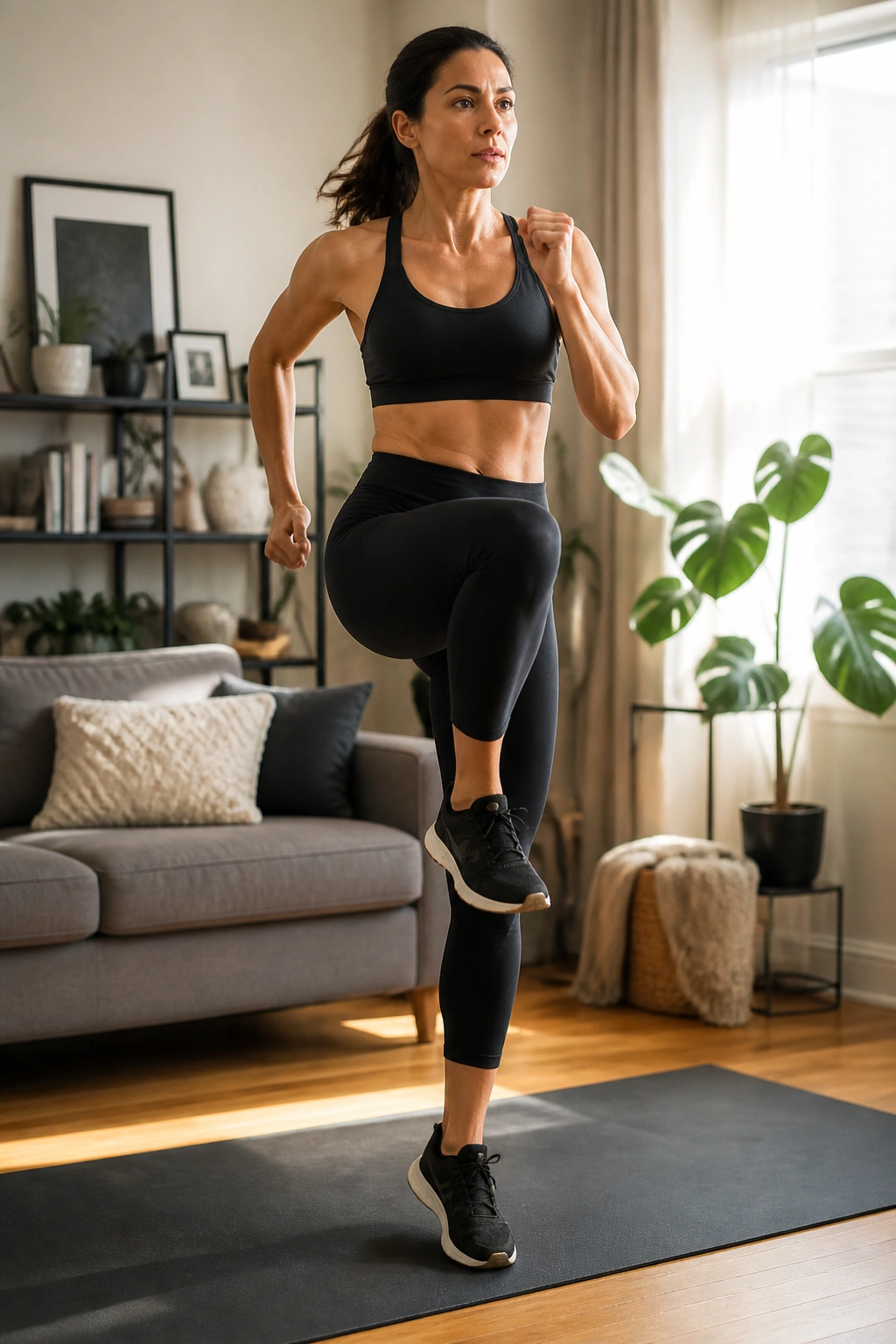 Real person performing high knees on a mat in a home living room