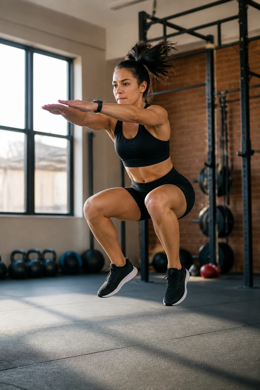 Person mid-air performing jump squat in gym setup