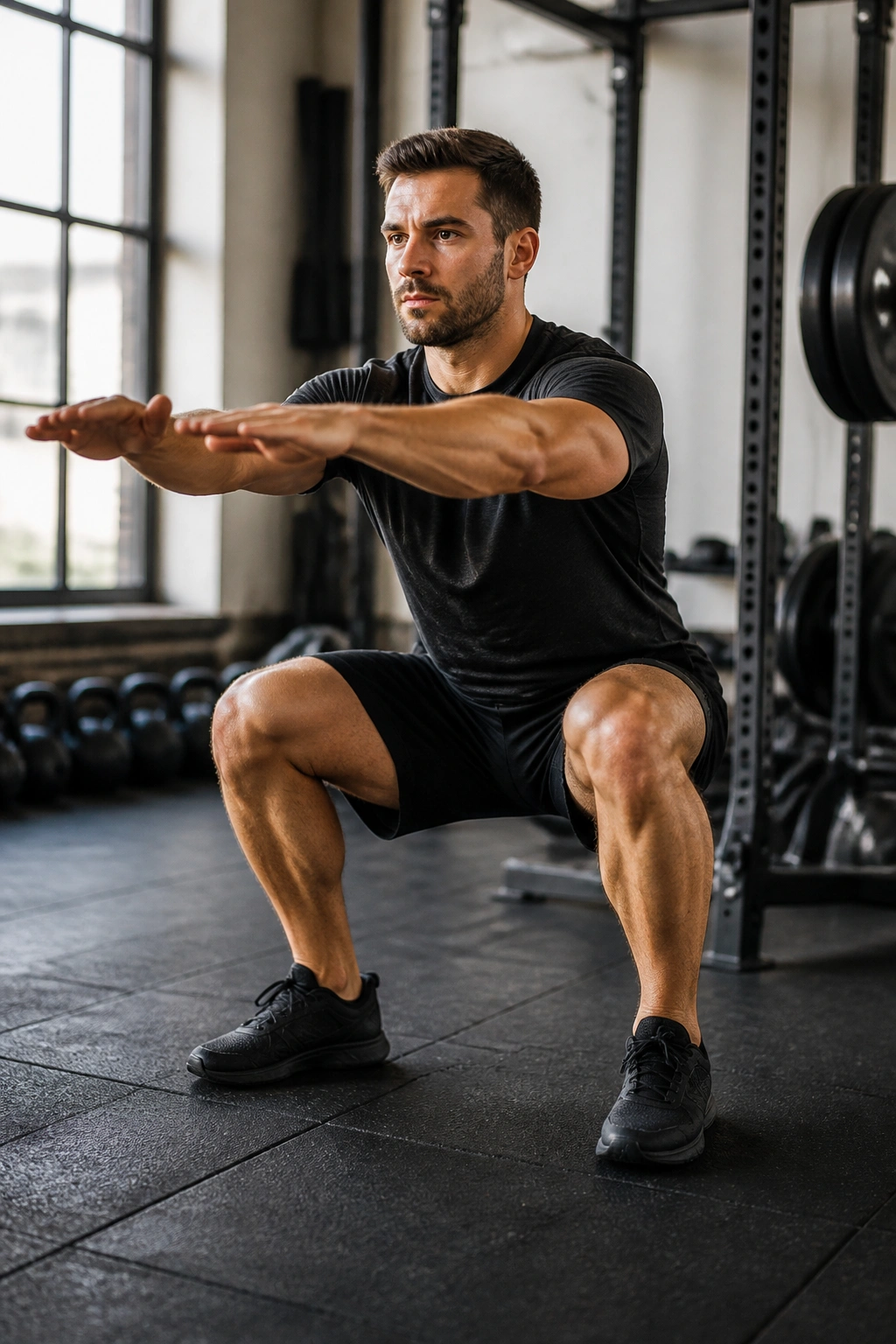 Person performing an air squat in a gym setting