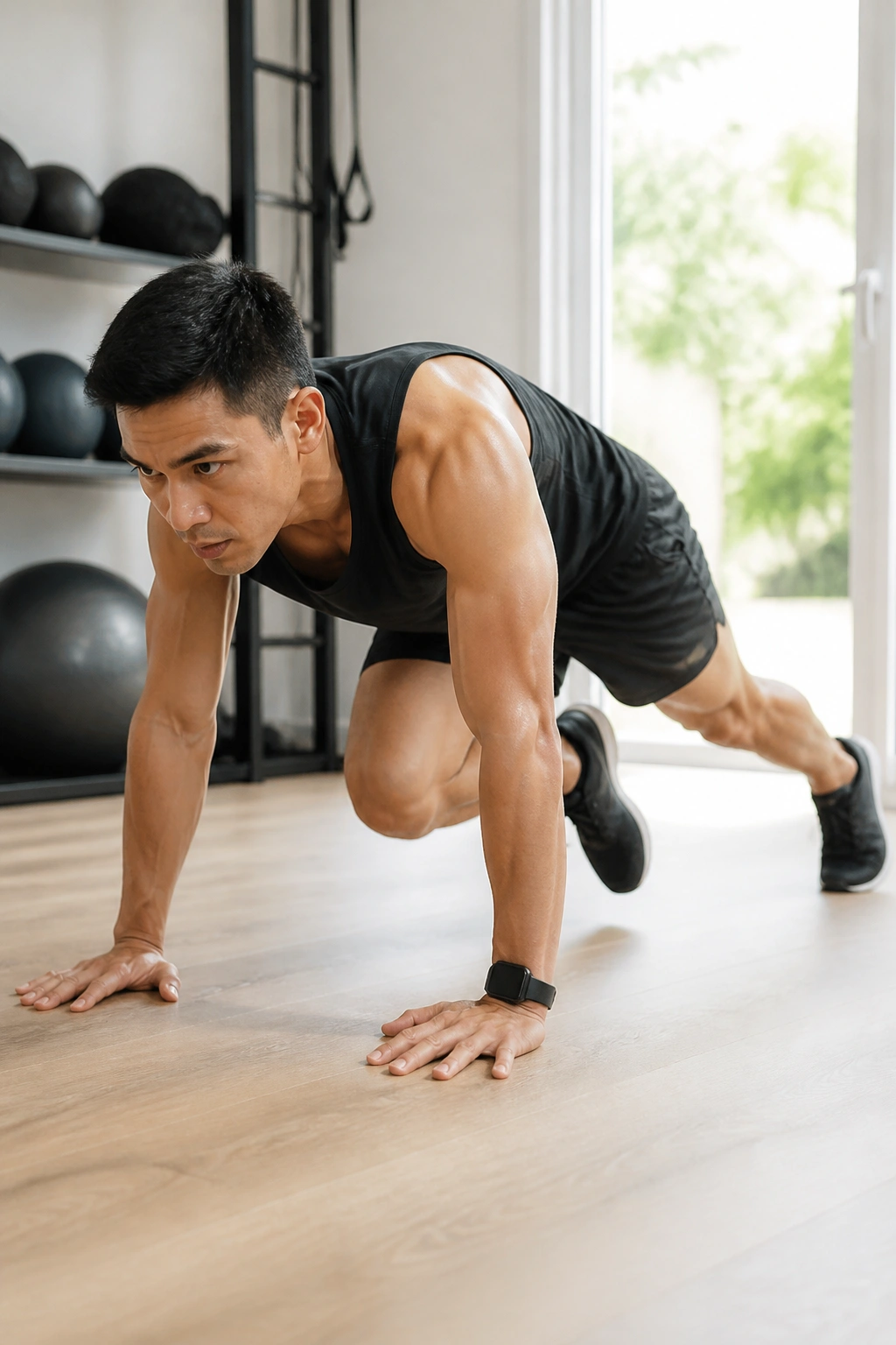 Person performing mountain climbers in a bright gym for a bodyweight circuit