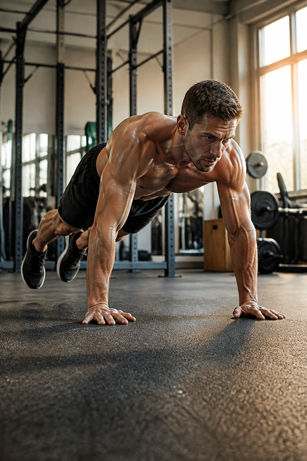 Full-body burpee in a gym showing bodyweight foundation movement