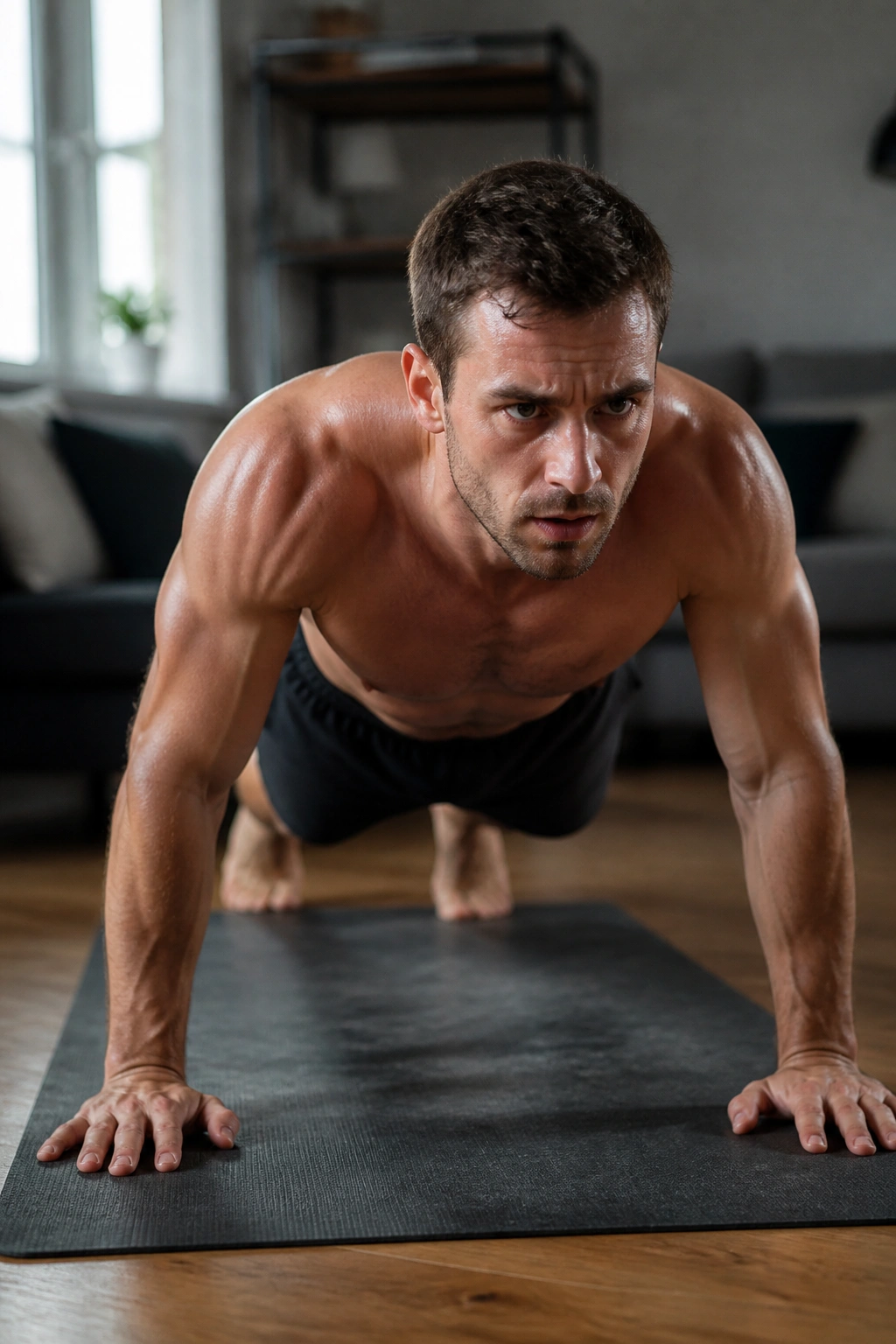 Athlete executing a bodyweight circuit push-up in a compact apartment