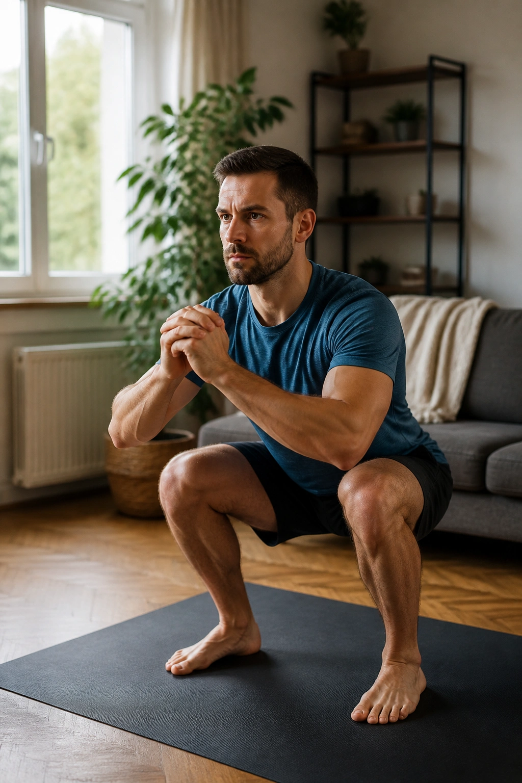 Medium-close portrait of a person mid-squat at home, demonstrating a bodyweight strength move.