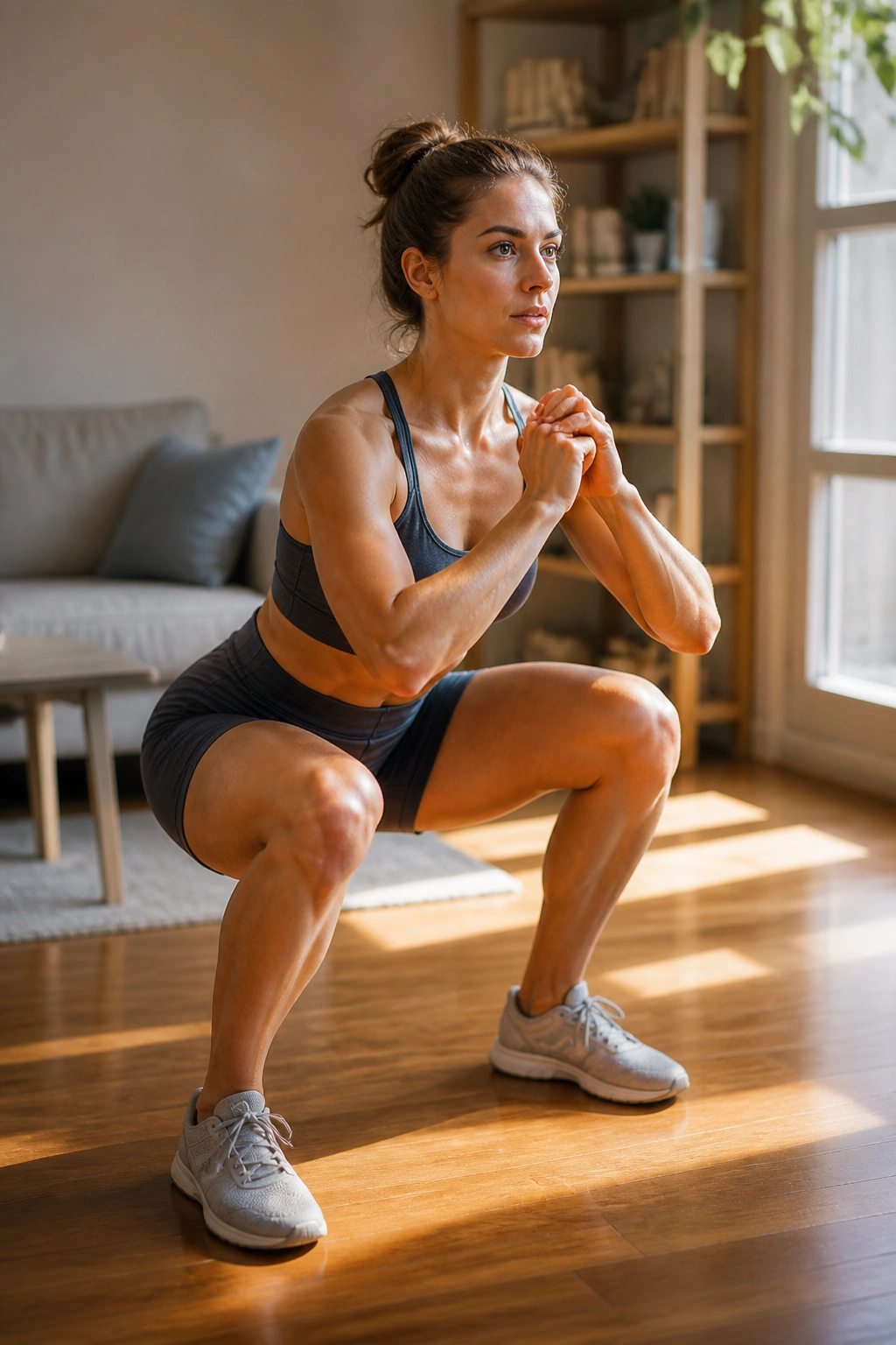 Medium close-up of a person performing a bodyweight squat in a home living room