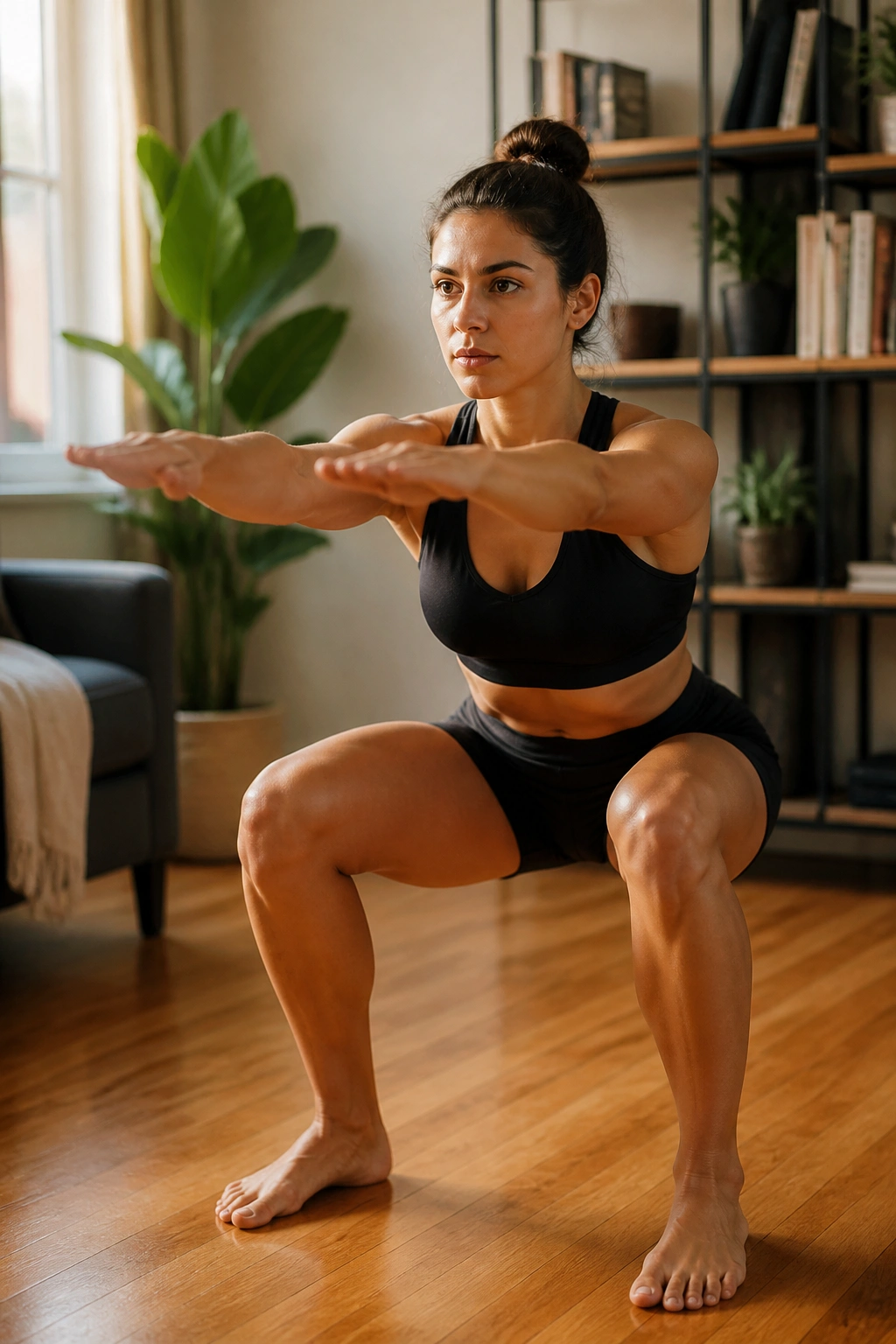 Real person performing a bodyweight squat in a home living room