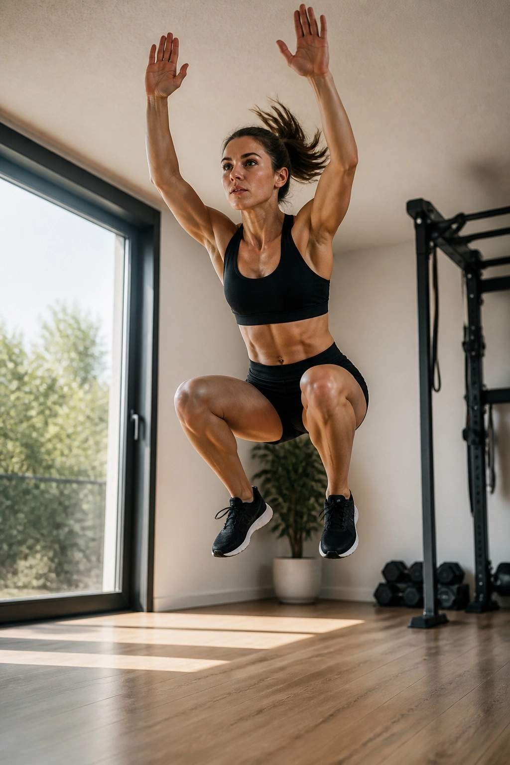 Person performing a high-energy jump squat in a bright home gym.
