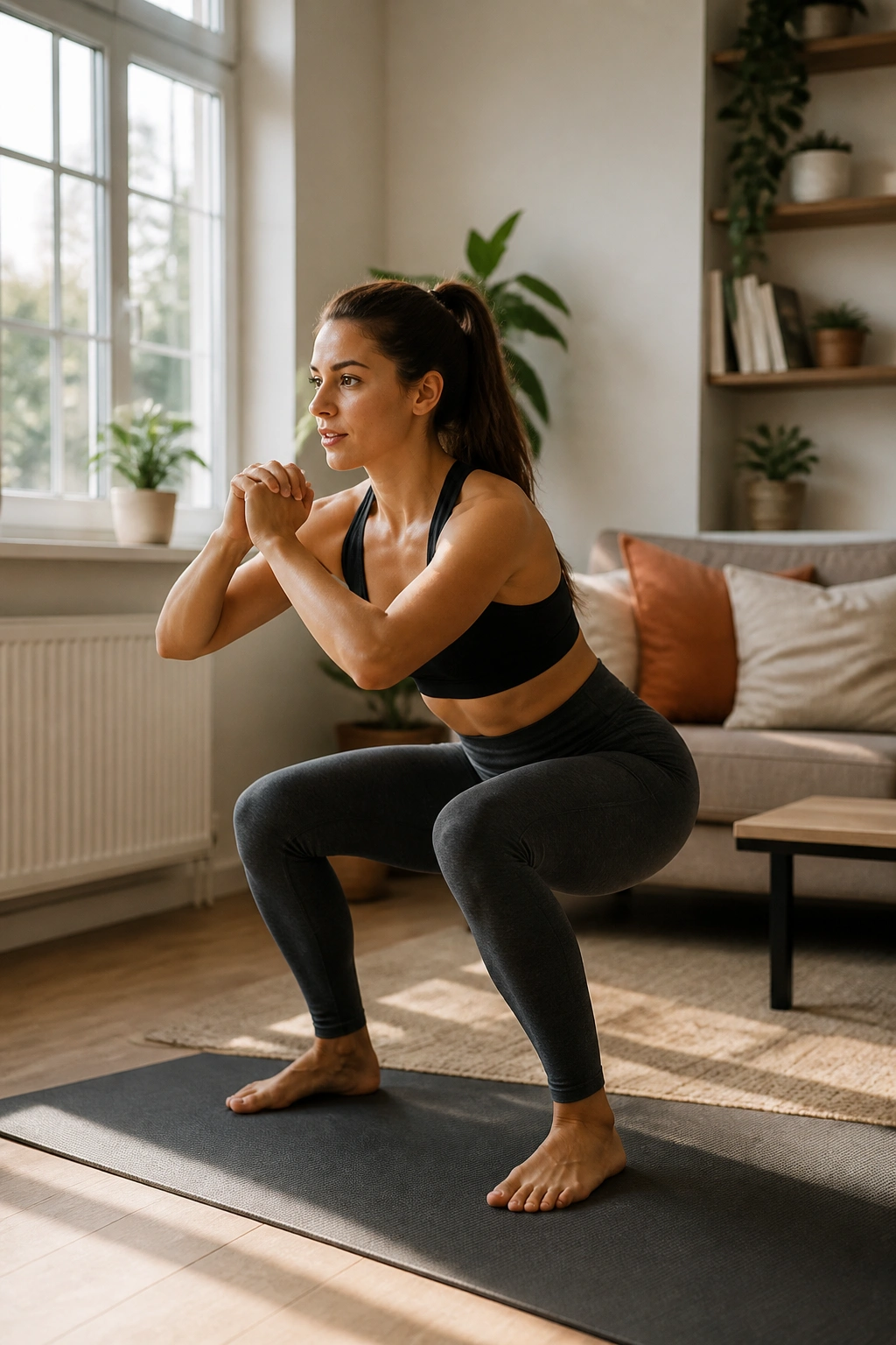 Real person performing a bodyweight circuit in a bright living room